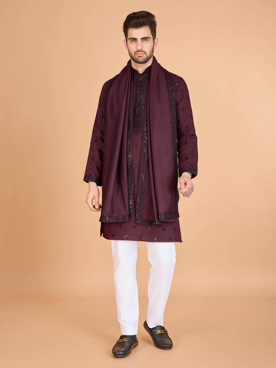 MAROON VISCOSE SILK THREAD, SEQUENCE EMBROIDERED WORK KURTA SET - qivii