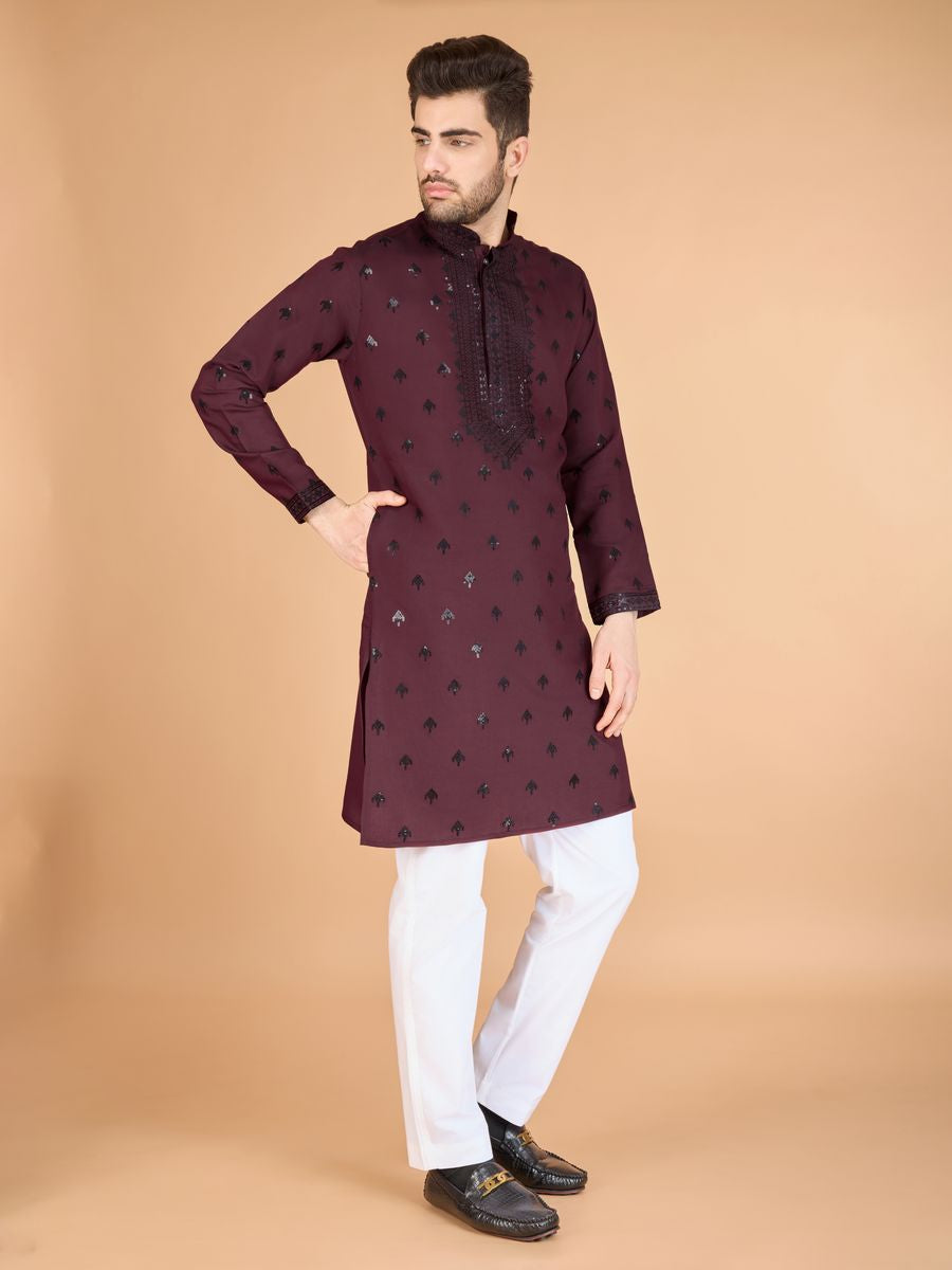 MAROON VISCOSE SILK THREAD, SEQUENCE EMBROIDERED WORK KURTA SET - qivii