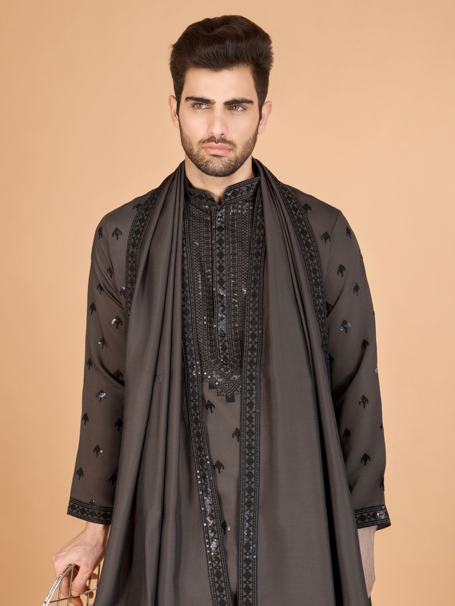 BROWN VISCOSE SILK THREAD, SEQUENCE EMBROIDERED WORK KURTA SET - qivii