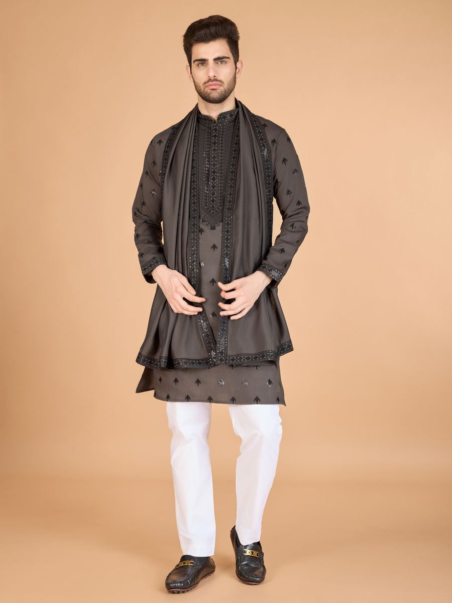 BROWN VISCOSE SILK THREAD, SEQUENCE EMBROIDERED WORK KURTA SET - qivii
