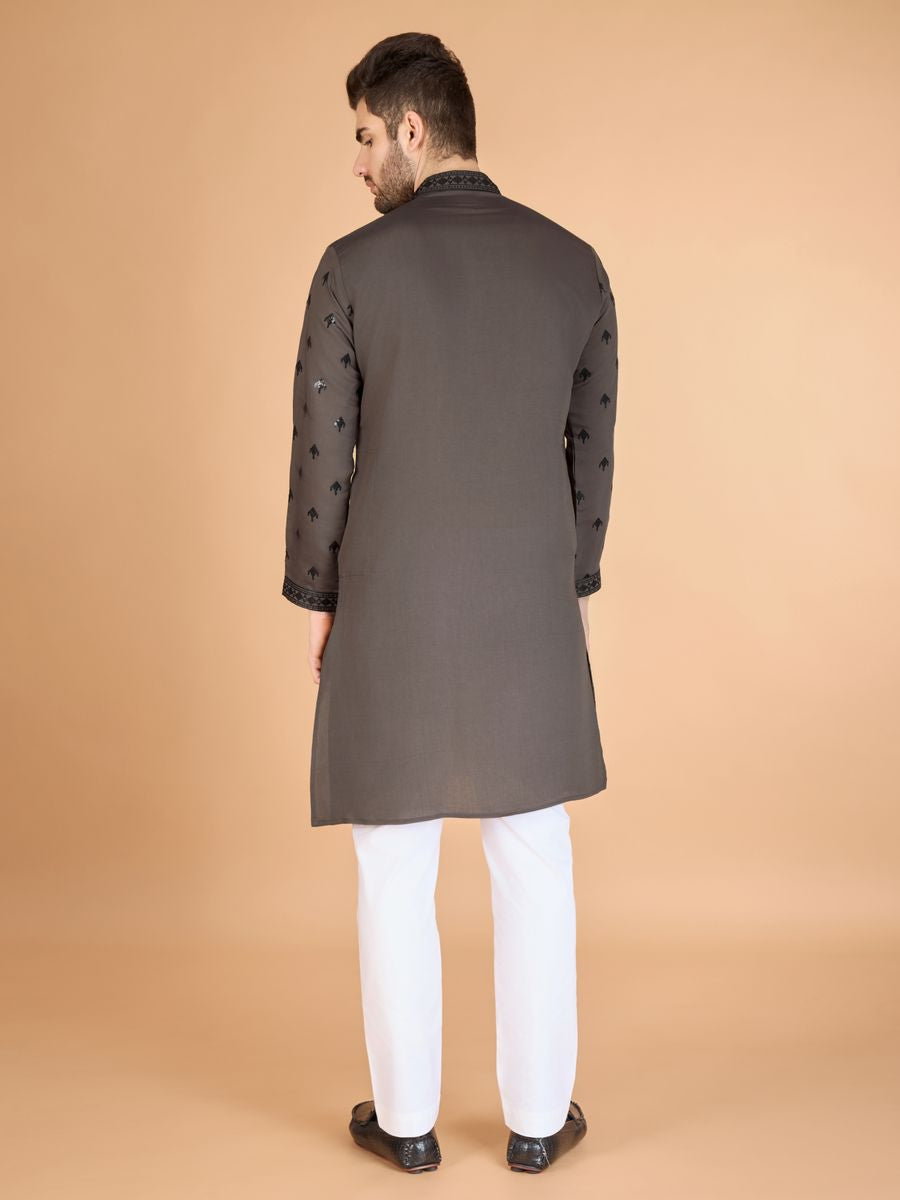 BROWN VISCOSE SILK THREAD, SEQUENCE EMBROIDERED WORK KURTA SET - qivii
