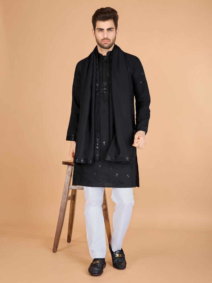 BLACK VISCOSE SILK THREAD, SEQUENCE EMBROIDERED WORK KURTA SET - qivii
