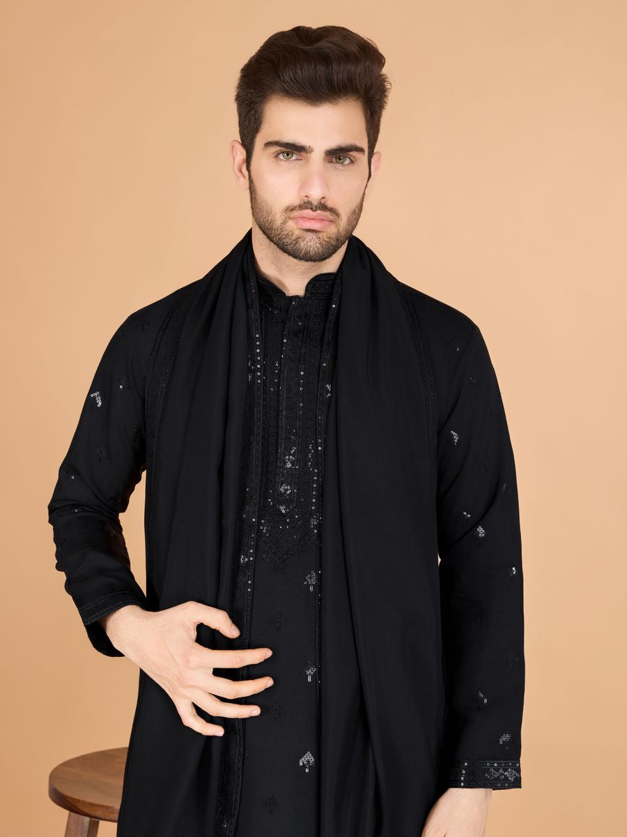 BLACK VISCOSE SILK THREAD, SEQUENCE EMBROIDERED WORK KURTA SET - qivii