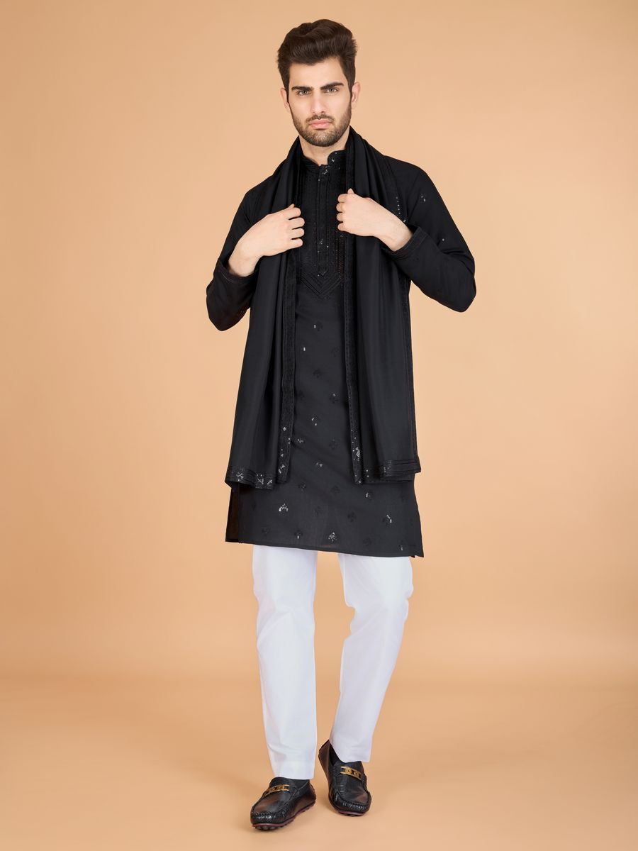 BLACK VISCOSE SILK THREAD, SEQUENCE EMBROIDERED WORK KURTA SET - qivii