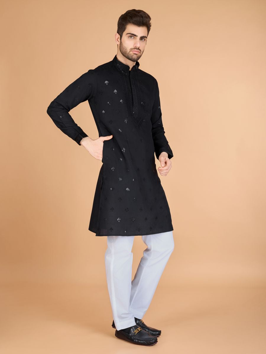 BLACK VISCOSE SILK THREAD, SEQUENCE EMBROIDERED WORK KURTA SET - qivii