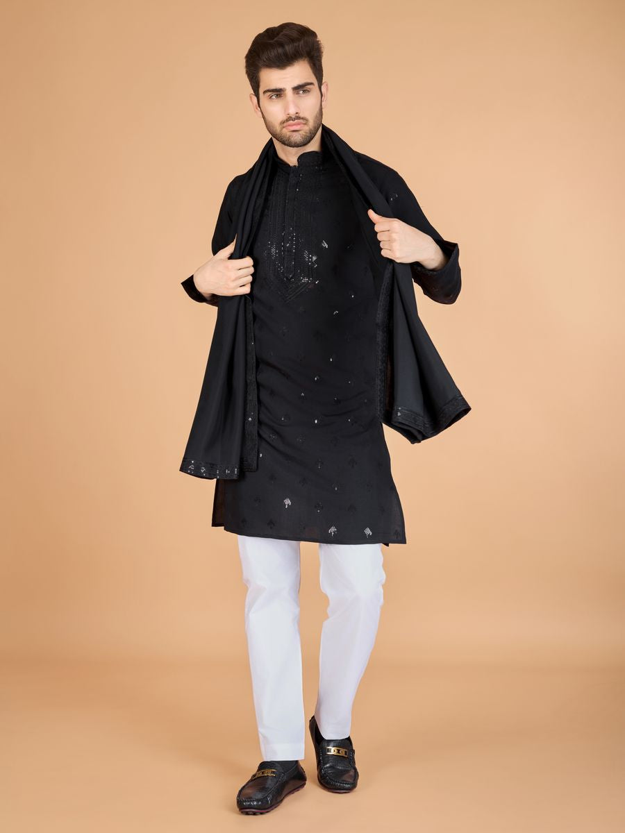 BLACK VISCOSE SILK THREAD, SEQUENCE EMBROIDERED WORK KURTA SET - qivii