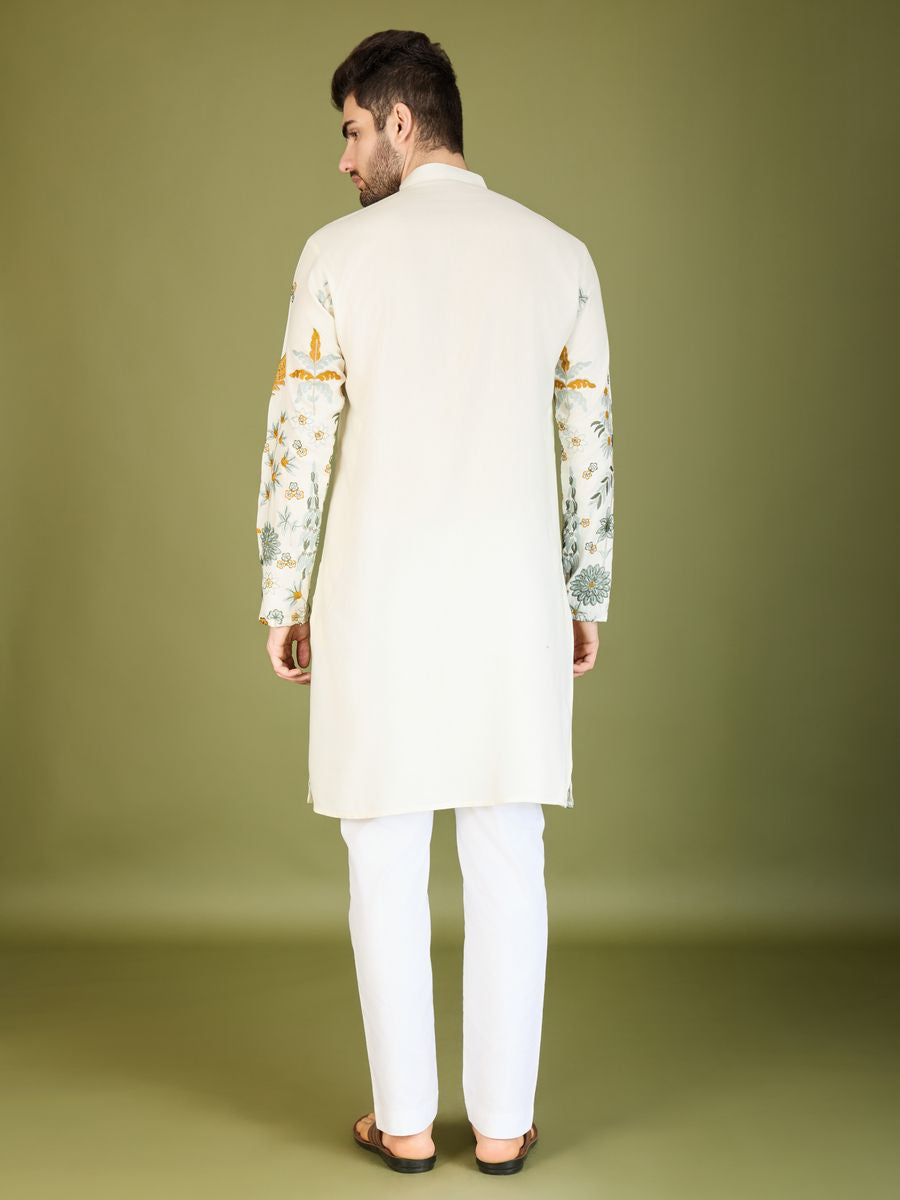 WHITE VISCOSE RAYON THREAD & SEQUENCE EMBROIDERED WORK KURTA - qivii