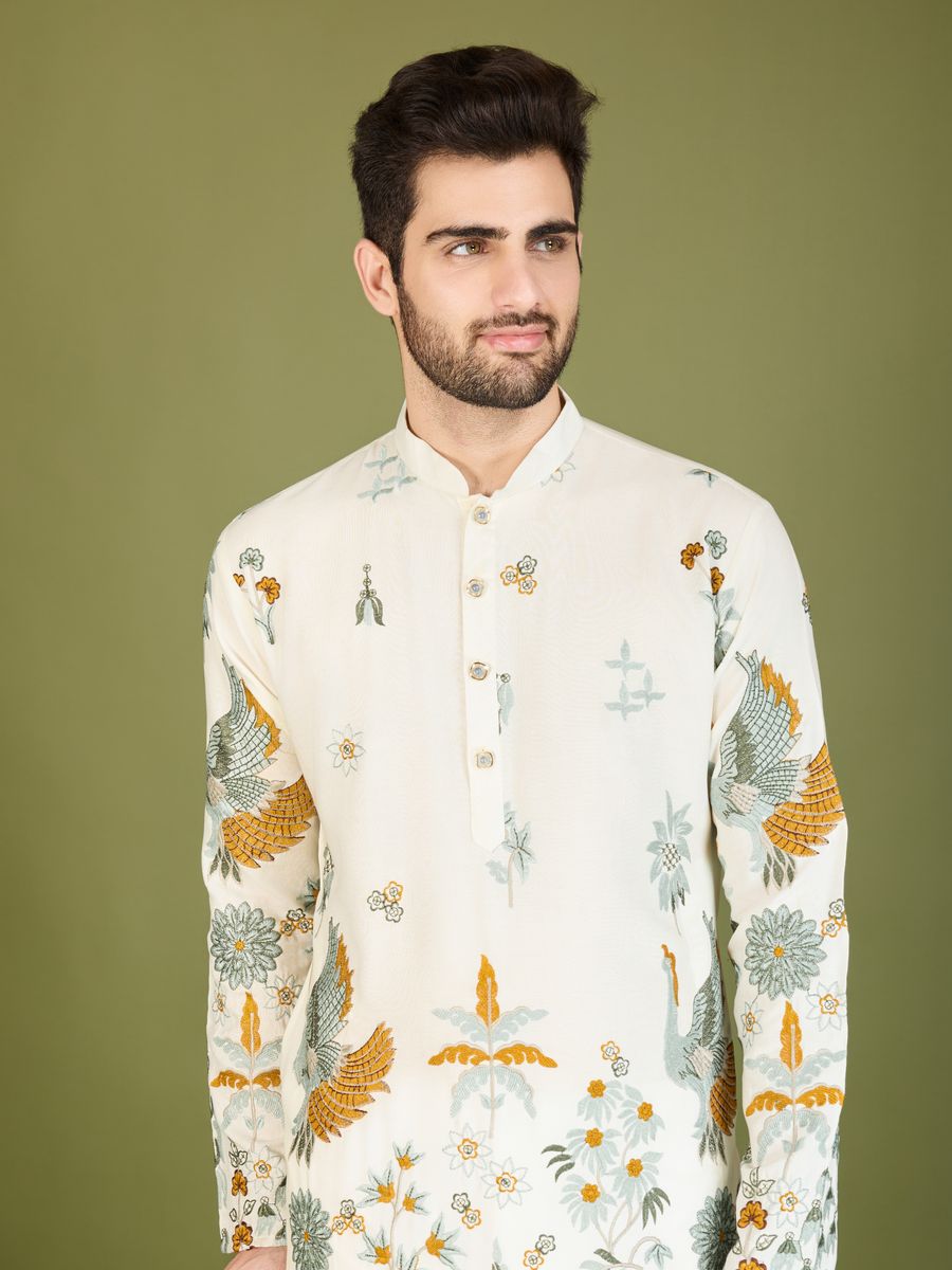 WHITE VISCOSE RAYON THREAD & SEQUENCE EMBROIDERED WORK KURTA - qivii