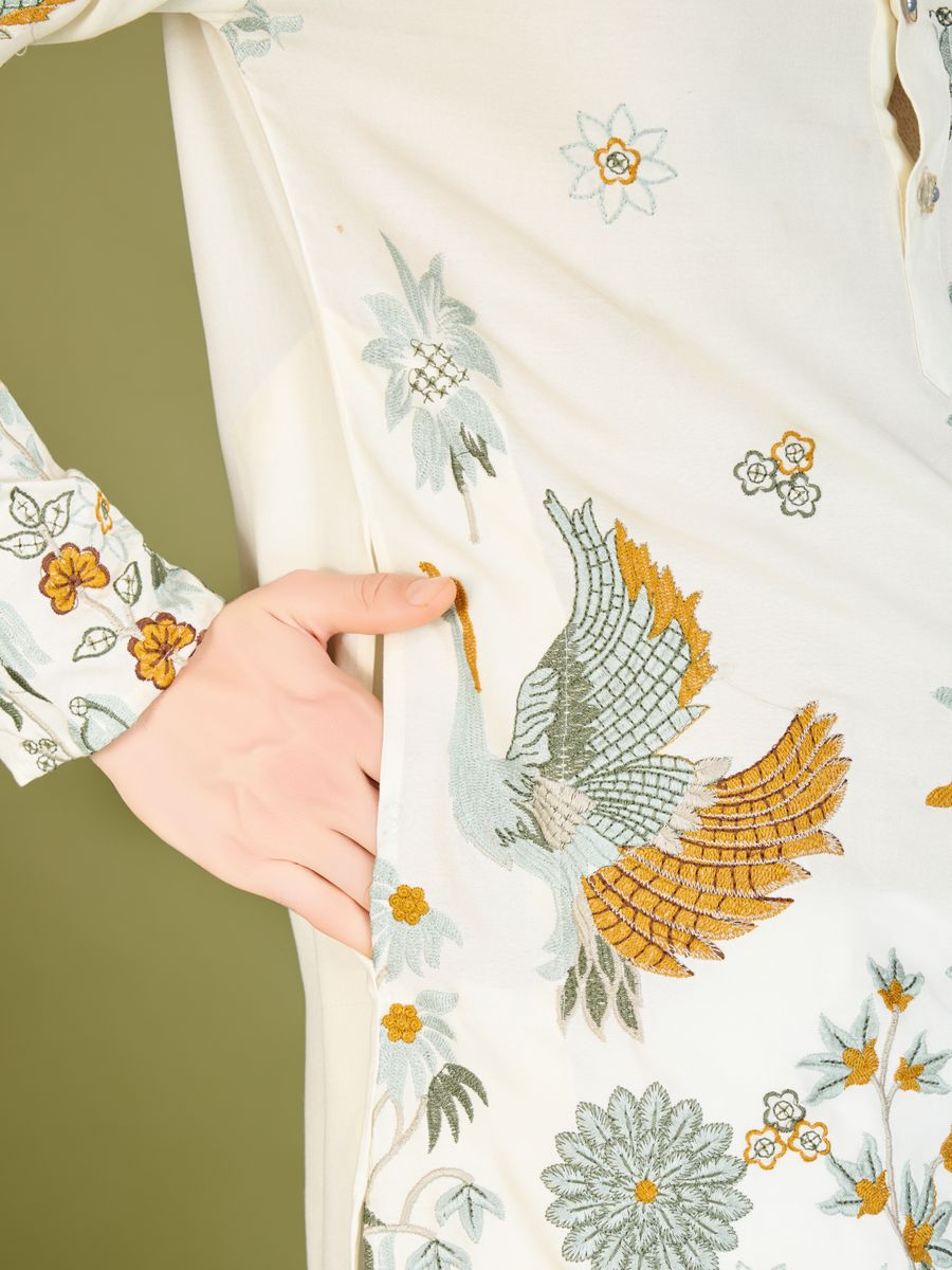 WHITE VISCOSE RAYON THREAD & SEQUENCE EMBROIDERED WORK KURTA - qivii