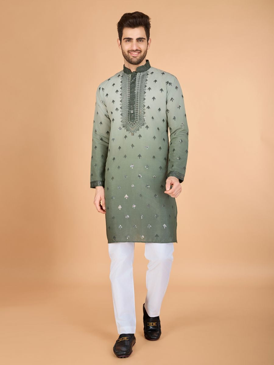 GREEN VISCOSE SILK THREAD & SEQUENCE EMBROIDERED WORK KURTA SET - qivii