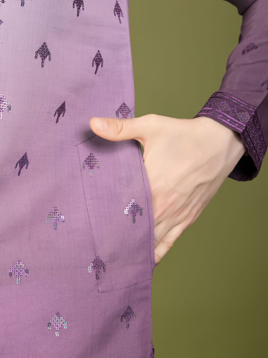 PURPLE VISCOSE SILK THREAD & SEQUENCE EMBROIDERED WORK KURTA SET - qivii