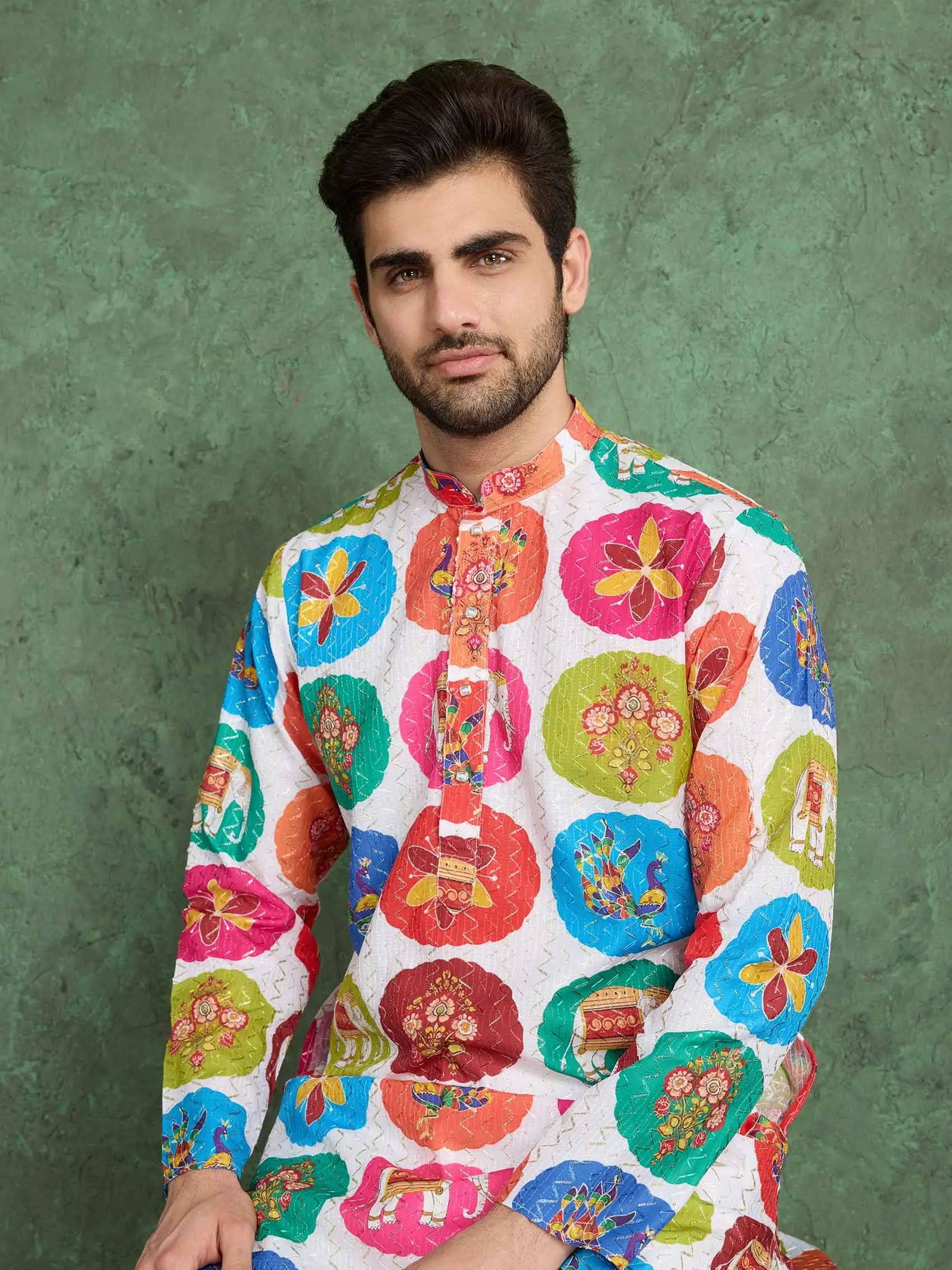 Multi Color Digital Print With Embroidery Work Rayon Kurta Set