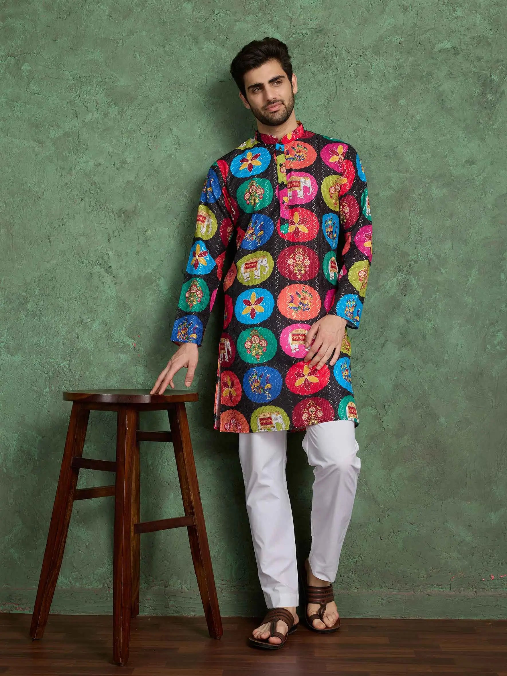 Black Multi Color Digital Print With Embroidery Work Rayon Kurta Set - qivii