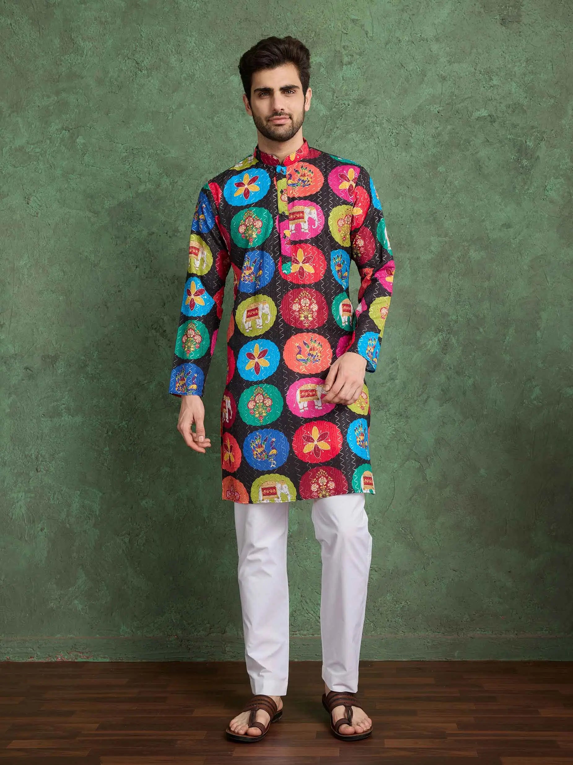 Black Multi Color Digital Print With Embroidery Work Rayon Kurta Set - qivii