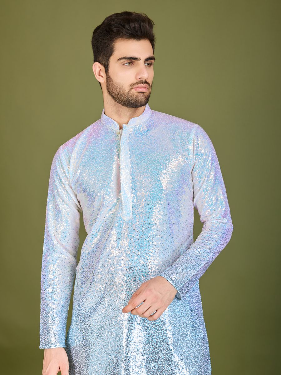 OMBRE BLUE REAL GEORGETTE THREAD & SEQUENCE EMBROIDERED WORK KURTA - qivii