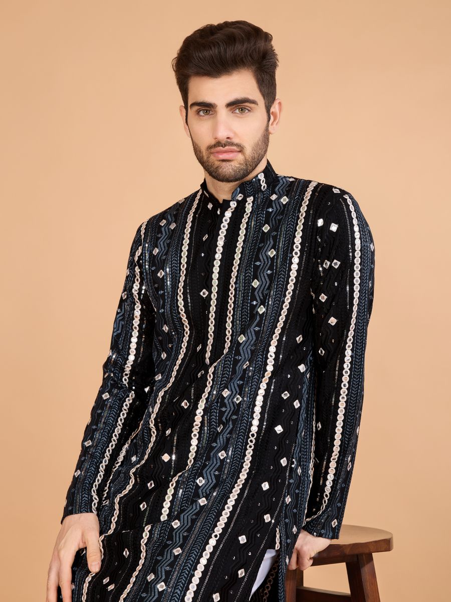 BLACK PURE VISCOSE RAYON THREAD, SEQUENCE & FOIL MIRROR EMBROIDERED WORK KURTA - qivii