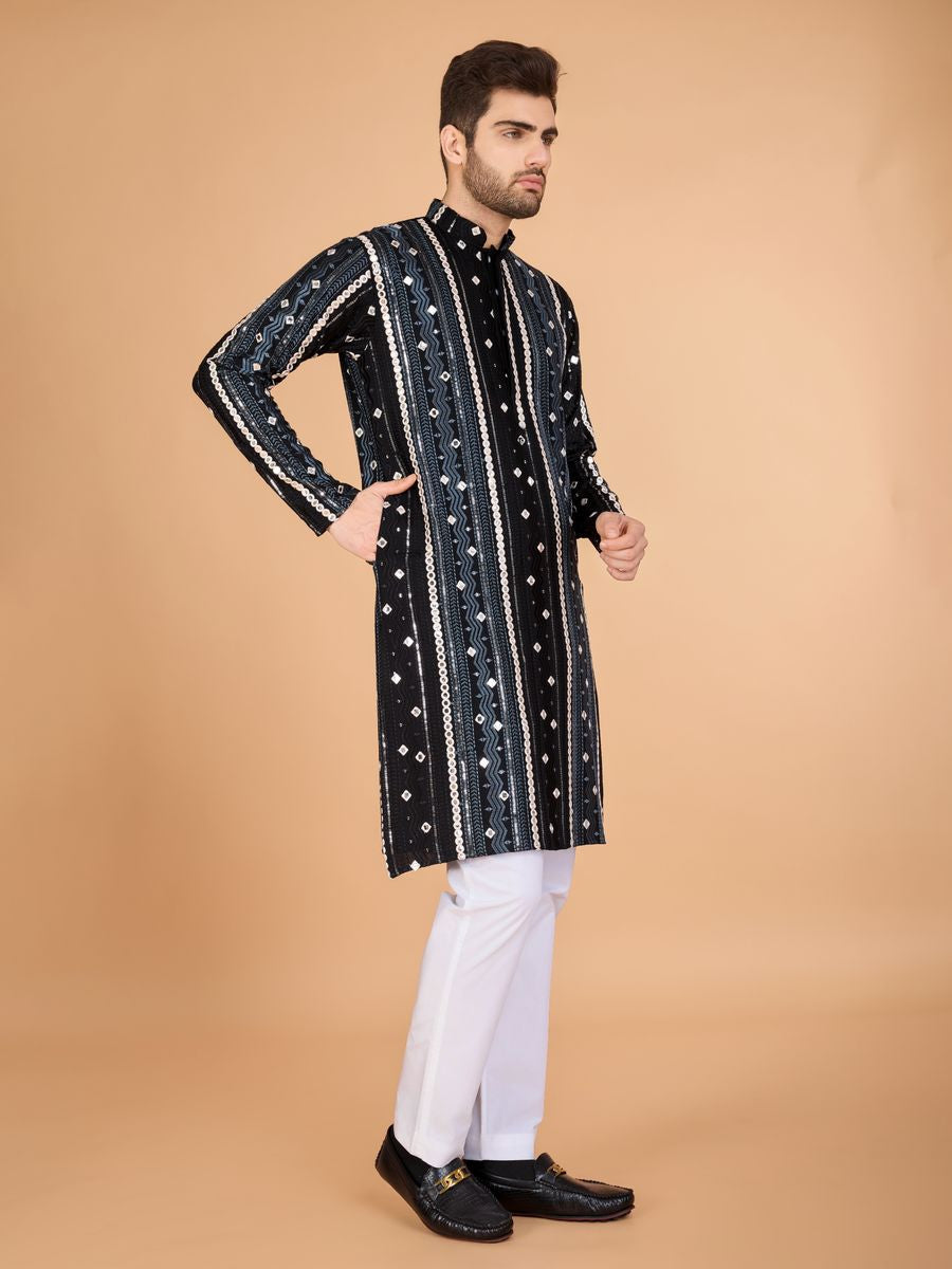 BLACK PURE VISCOSE RAYON THREAD, SEQUENCE & FOIL MIRROR EMBROIDERED WORK KURTA - qivii