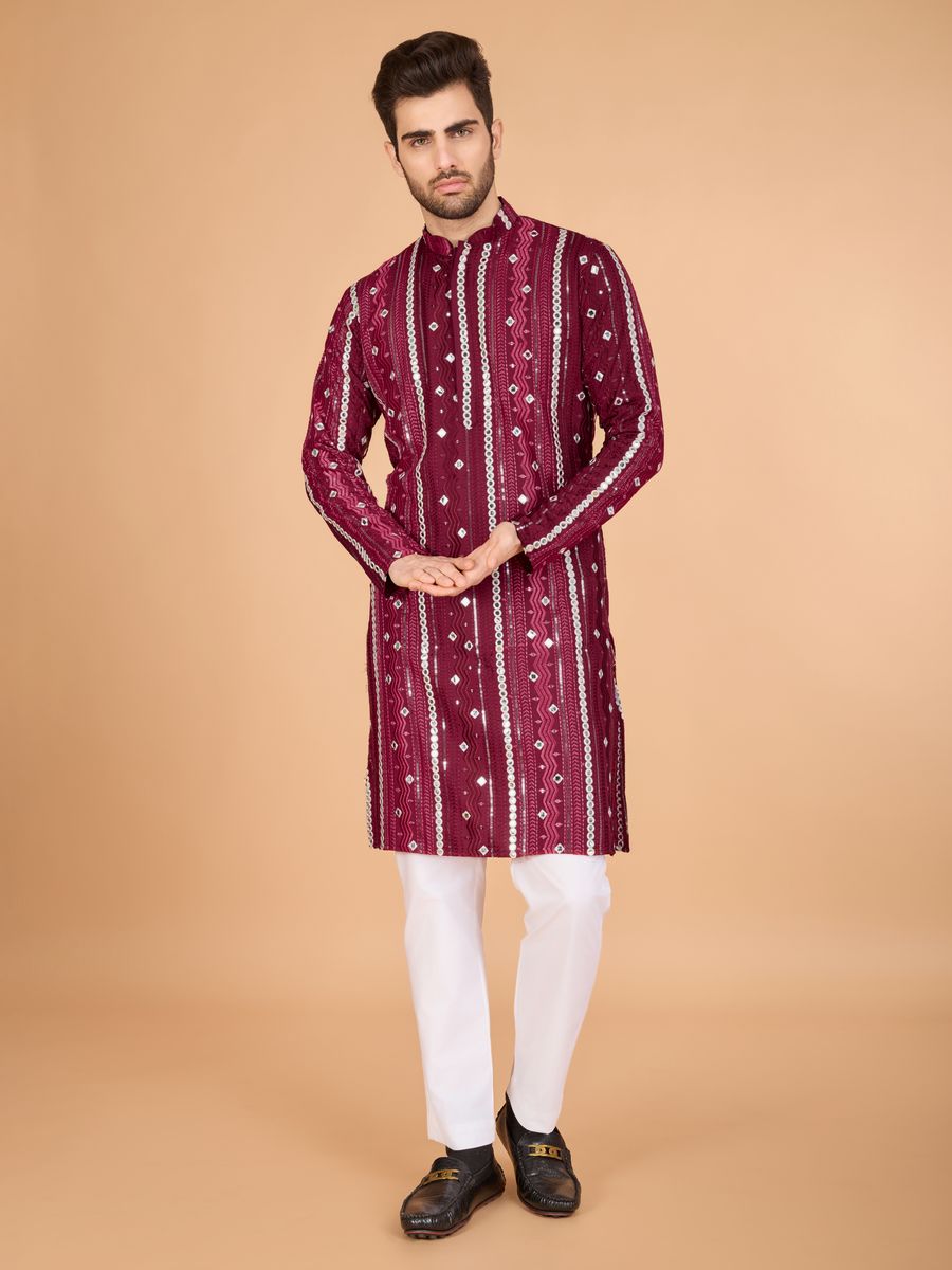 MAROON PURE VISCOSE RAYON THREAD, SEQUENCE & FOIL MIRROR EMBROIDERED WORK KURTA - qivii