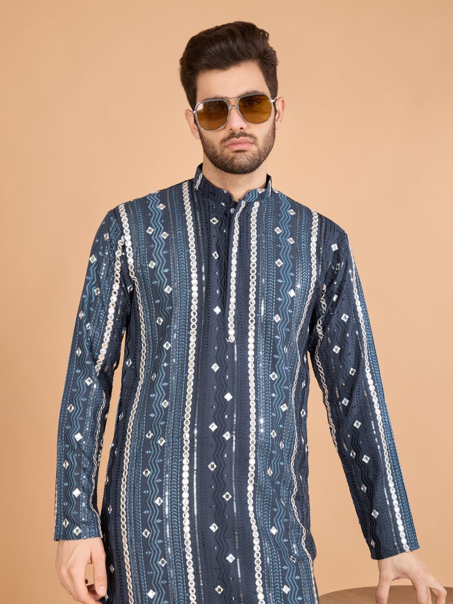 GREY PURE VISCOSE RAYON THREAD, SEQUENCE & FOIL MIRROR EMBROIDERED WORK KURTA - qivii