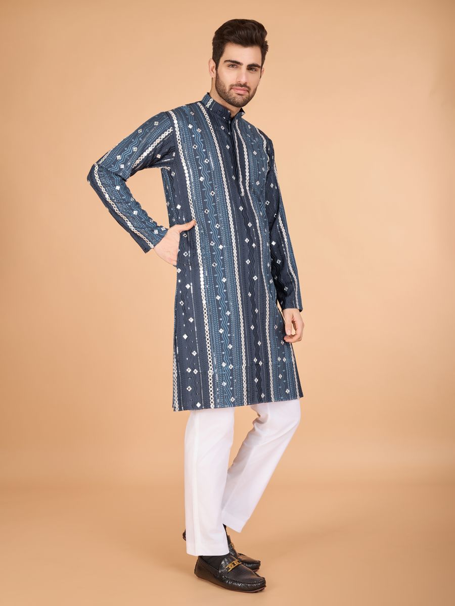 GREY PURE VISCOSE RAYON THREAD, SEQUENCE & FOIL MIRROR EMBROIDERED WORK KURTA - qivii