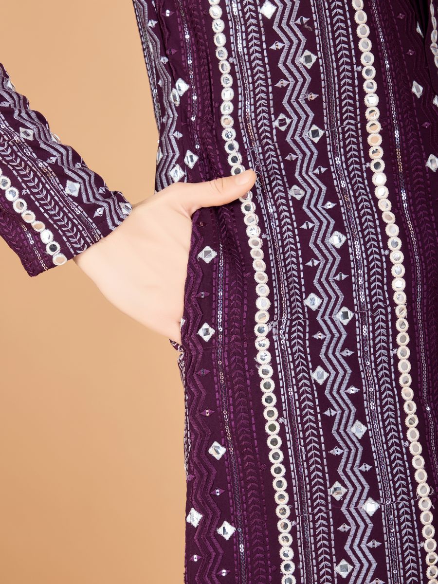PURPLE PURE VISCOSE RAYON THREAD, SEQUENCE & FOIL MIRROR EMBROIDERED WORK KURTA - qivii