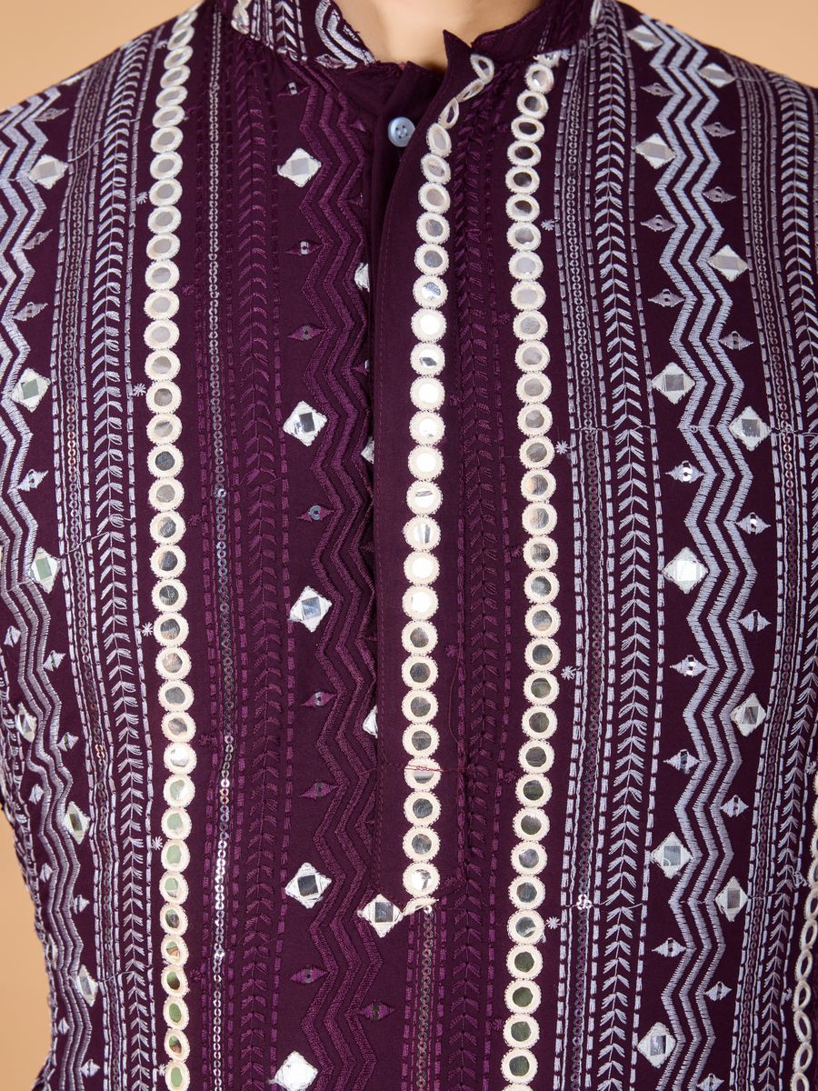 PURPLE PURE VISCOSE RAYON THREAD, SEQUENCE & FOIL MIRROR EMBROIDERED WORK KURTA - qivii