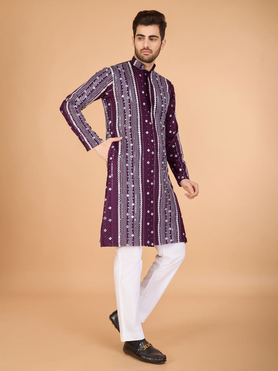 PURPLE PURE VISCOSE RAYON THREAD, SEQUENCE & FOIL MIRROR EMBROIDERED WORK KURTA - qivii