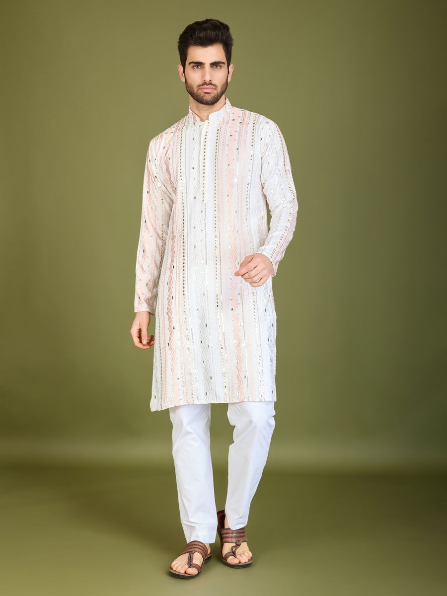 WHITE PURE VISCOSE RAYON THREAD, SEQUENCE & FOIL MIRROR EMBROIDERED WORK KURTA - qivii
