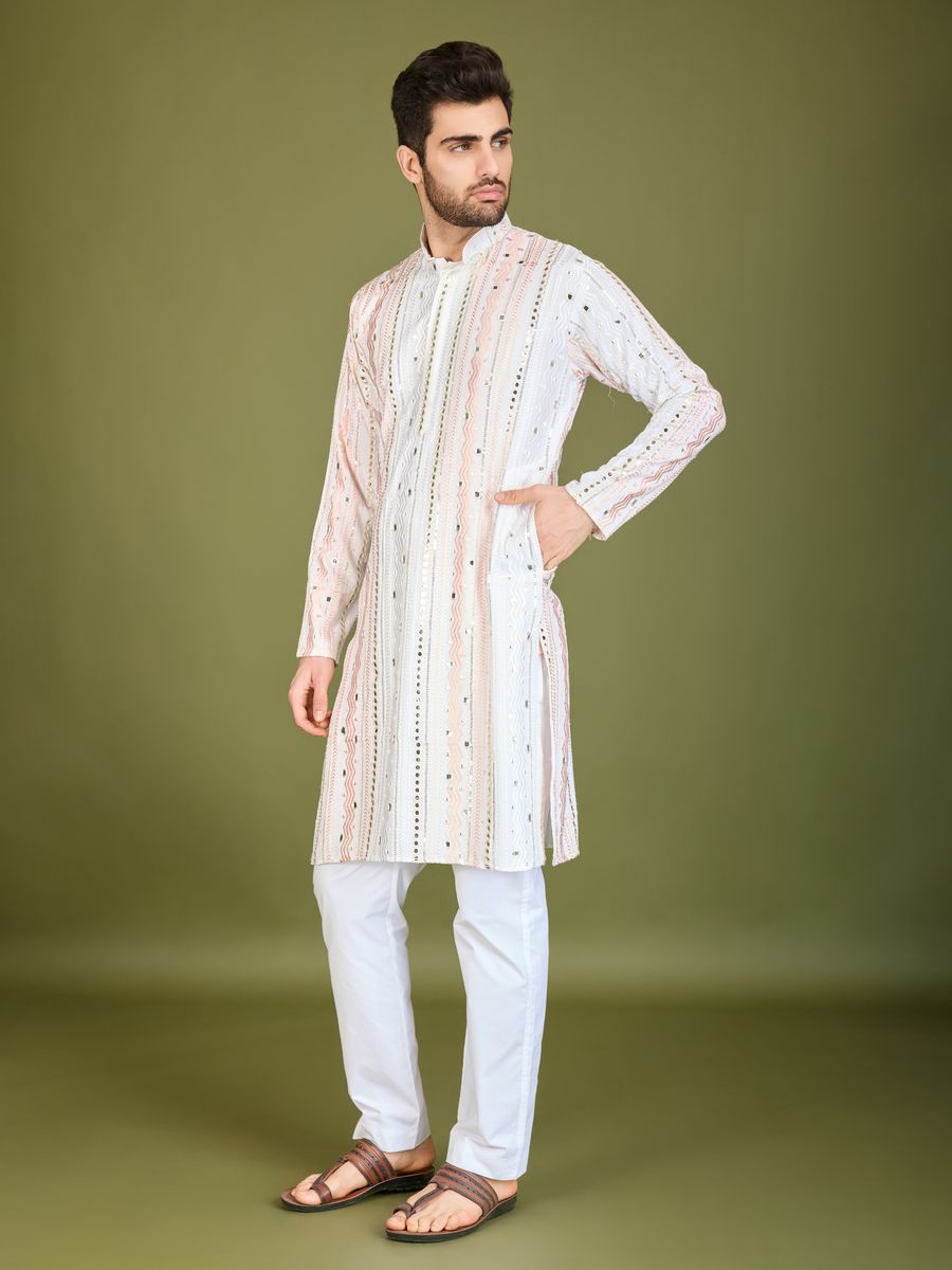 WHITE PURE VISCOSE RAYON THREAD, SEQUENCE & FOIL MIRROR EMBROIDERED WORK KURTA - qivii