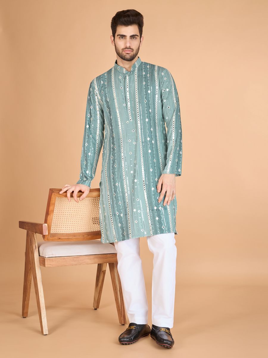 PISTA PURE VISCOSE RAYON THREAD, SEQUENCE & FOIL MIRROR EMBROIDERED WORK KURTA - qivii