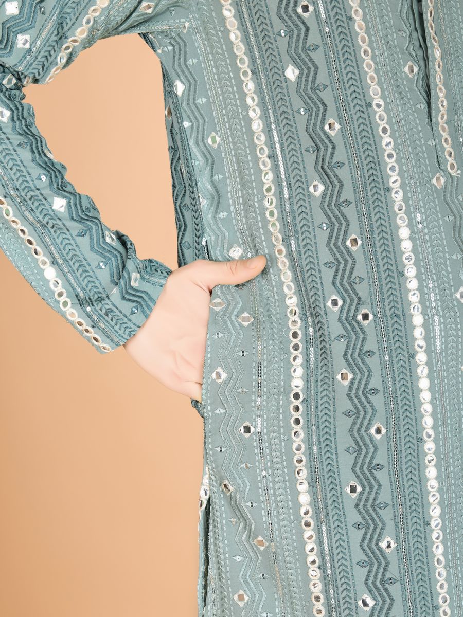 PISTA PURE VISCOSE RAYON THREAD, SEQUENCE & FOIL MIRROR EMBROIDERED WORK KURTA - qivii