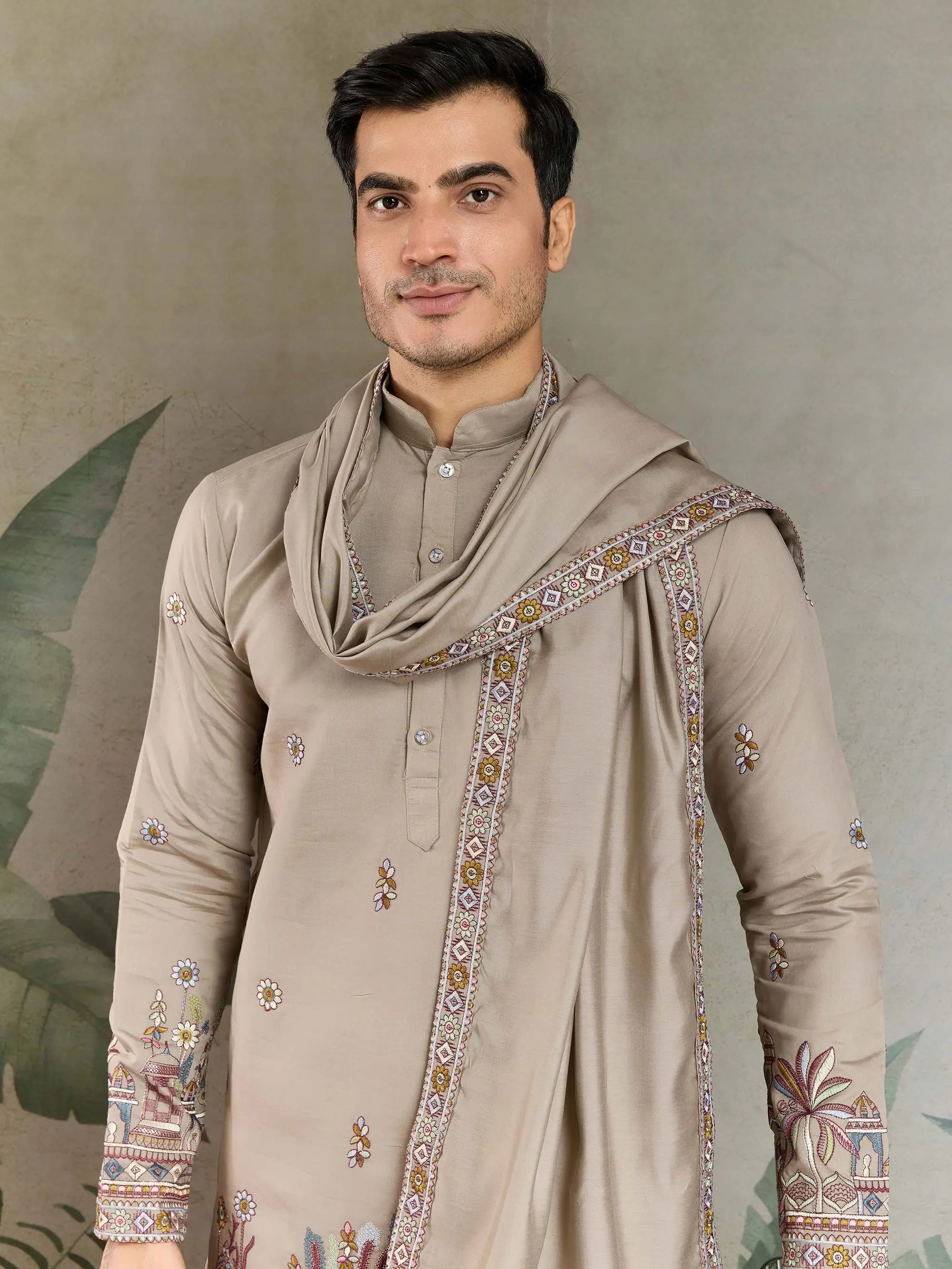 Ivory Viscose Silk Thread & Sequence Embroidered Work Kurta With Pant & Dupatta