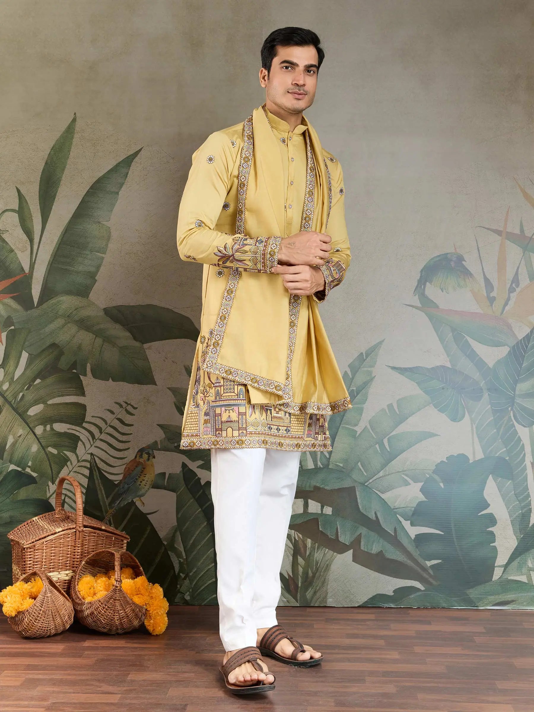 Yellow Viscose Silk Thread & Sequence Embroidered Work Kurta With Pant & Dupatta