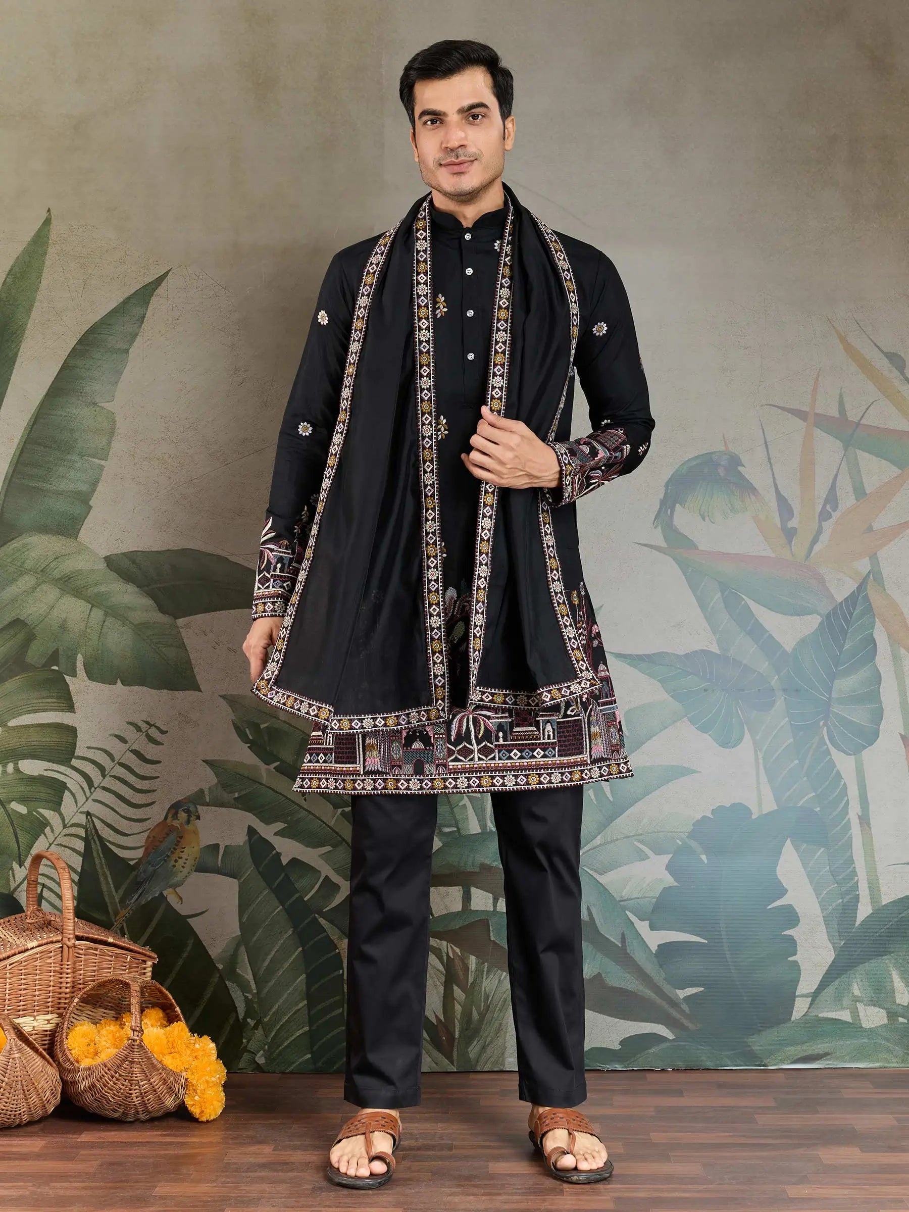 Black Viscose Silk Thread & Sequence Embroidered Work Kurta With Pant & Dupatta