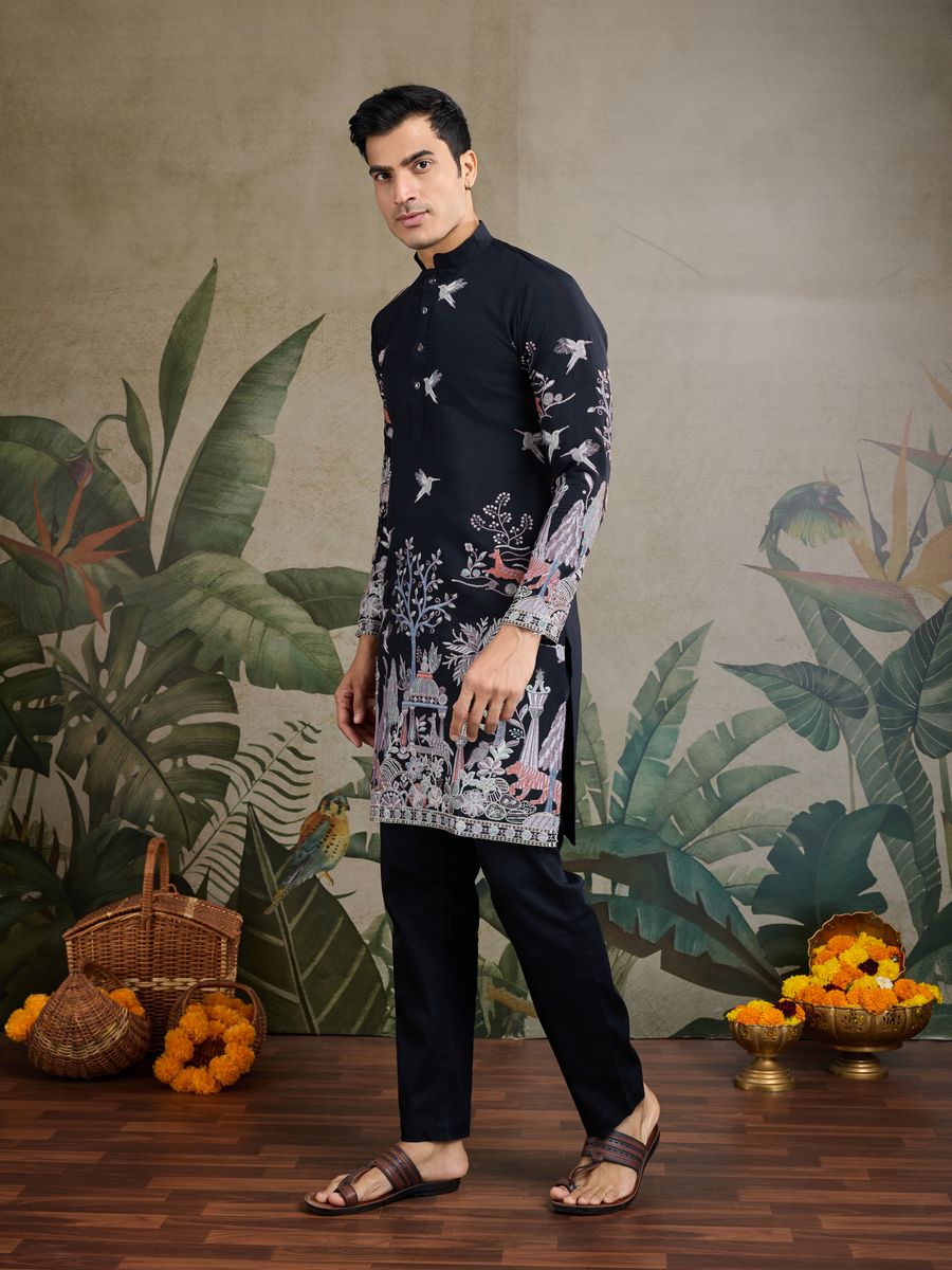 BLACK VISCOSE SILK THREAD & SEQUENCE EMBROIDERED WORK KURTA - qivii