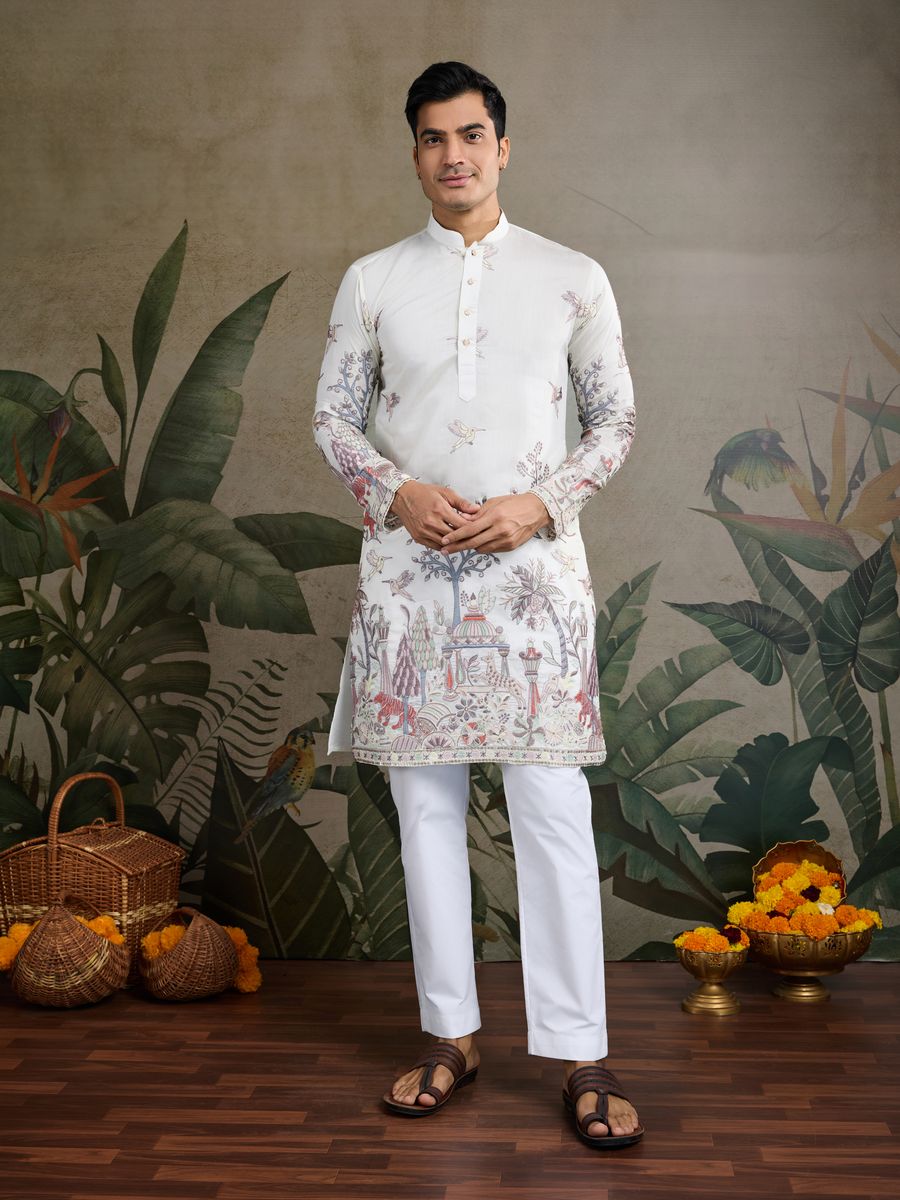 WHITE VISCOSE SILK THREAD & SEQUENCE EMBROIDERED WORK KURTA - qivii