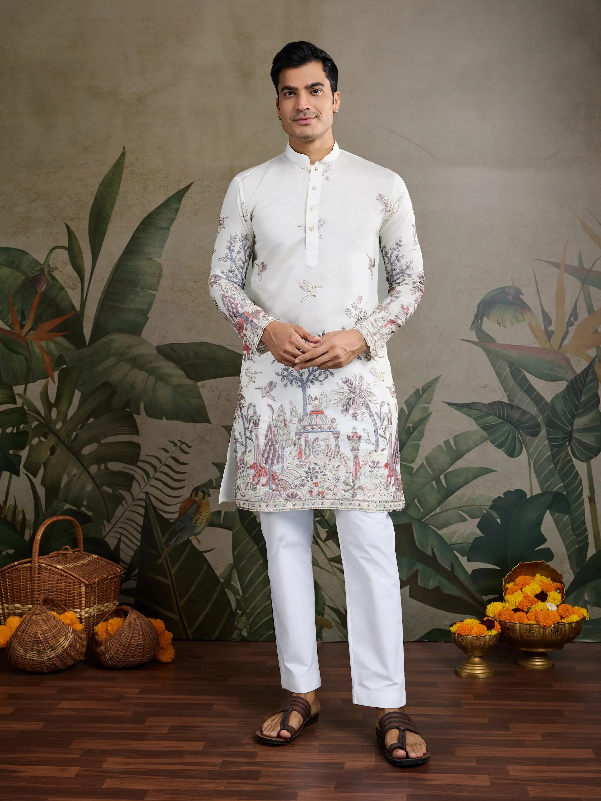 White Viscose Silk Thread & Sequence Embroidered Work Kurta With Pant - qivii
