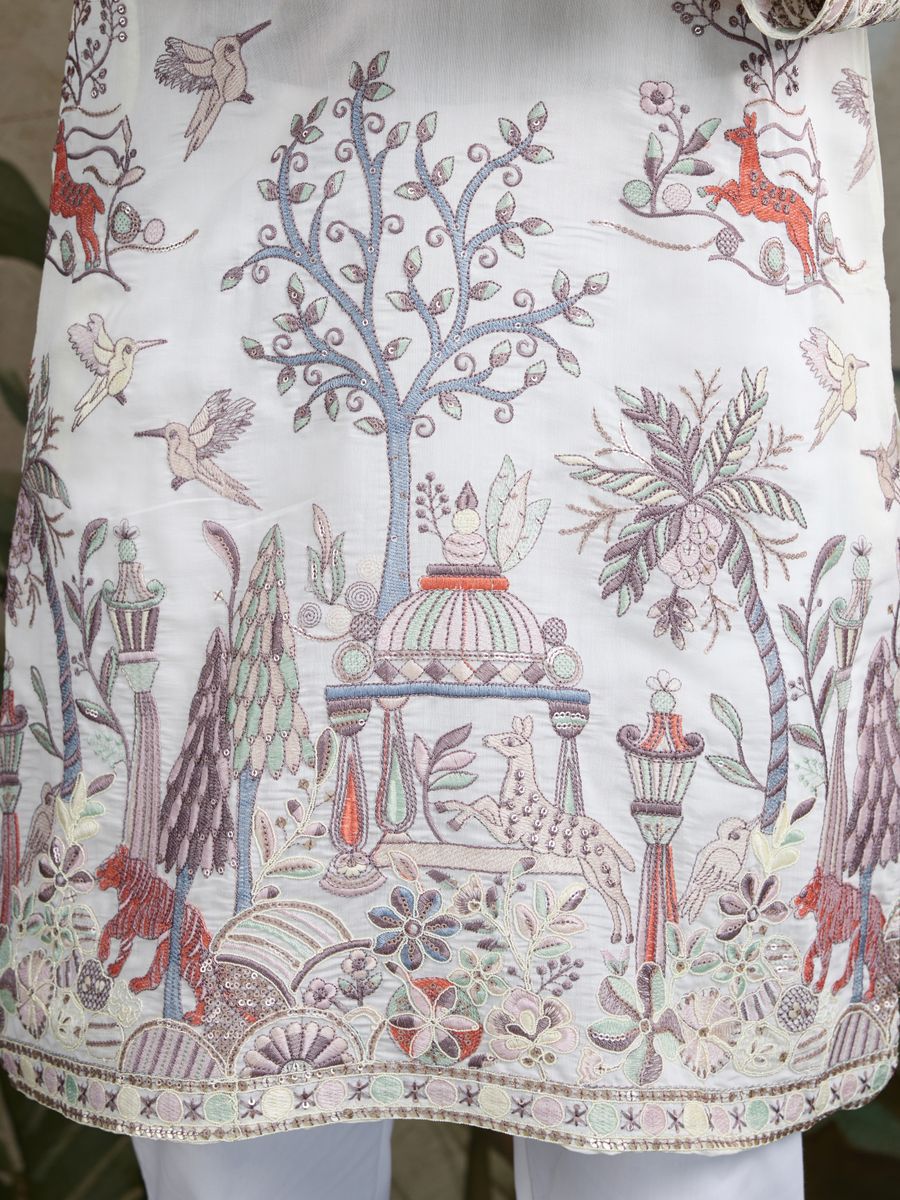 WHITE VISCOSE SILK THREAD & SEQUENCE EMBROIDERED WORK KURTA - qivii