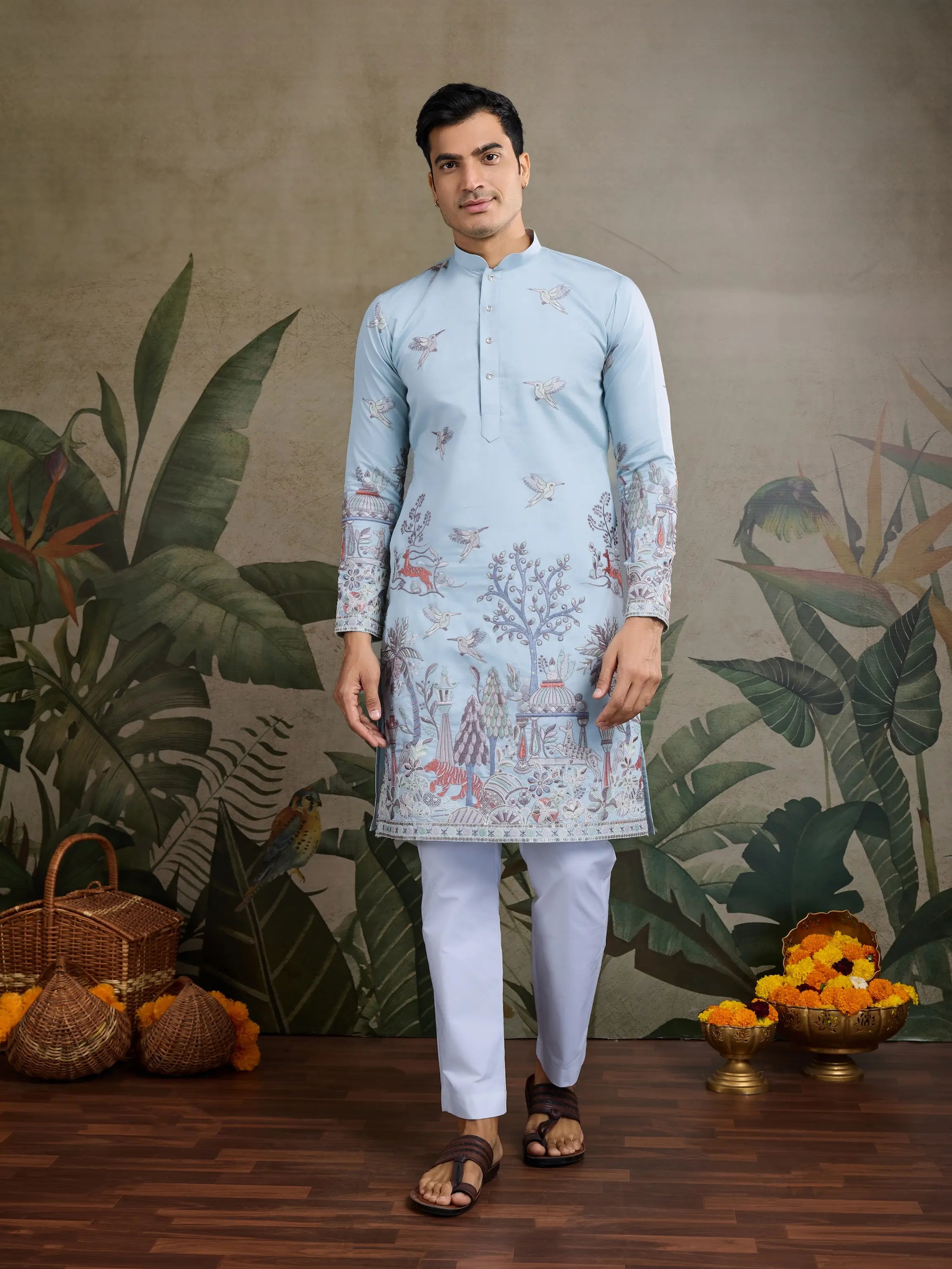 Sky Viscose Silk Thread & Sequence Embroidered Work Kurta With Pant - qivii