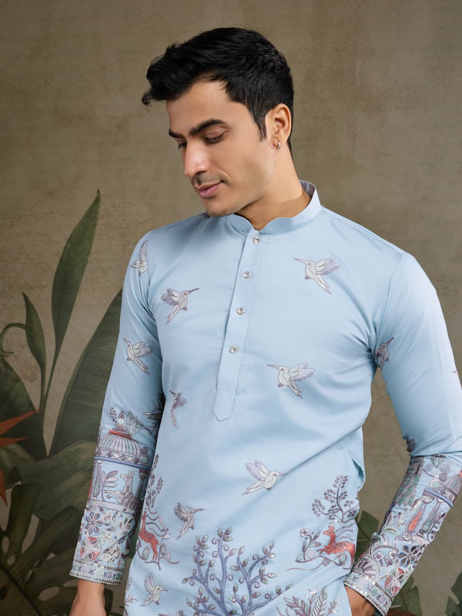 SKY BLUE VISCOSE SILK THREAD & SEQUENCE EMBROIDERED WORK KURTA - qivii