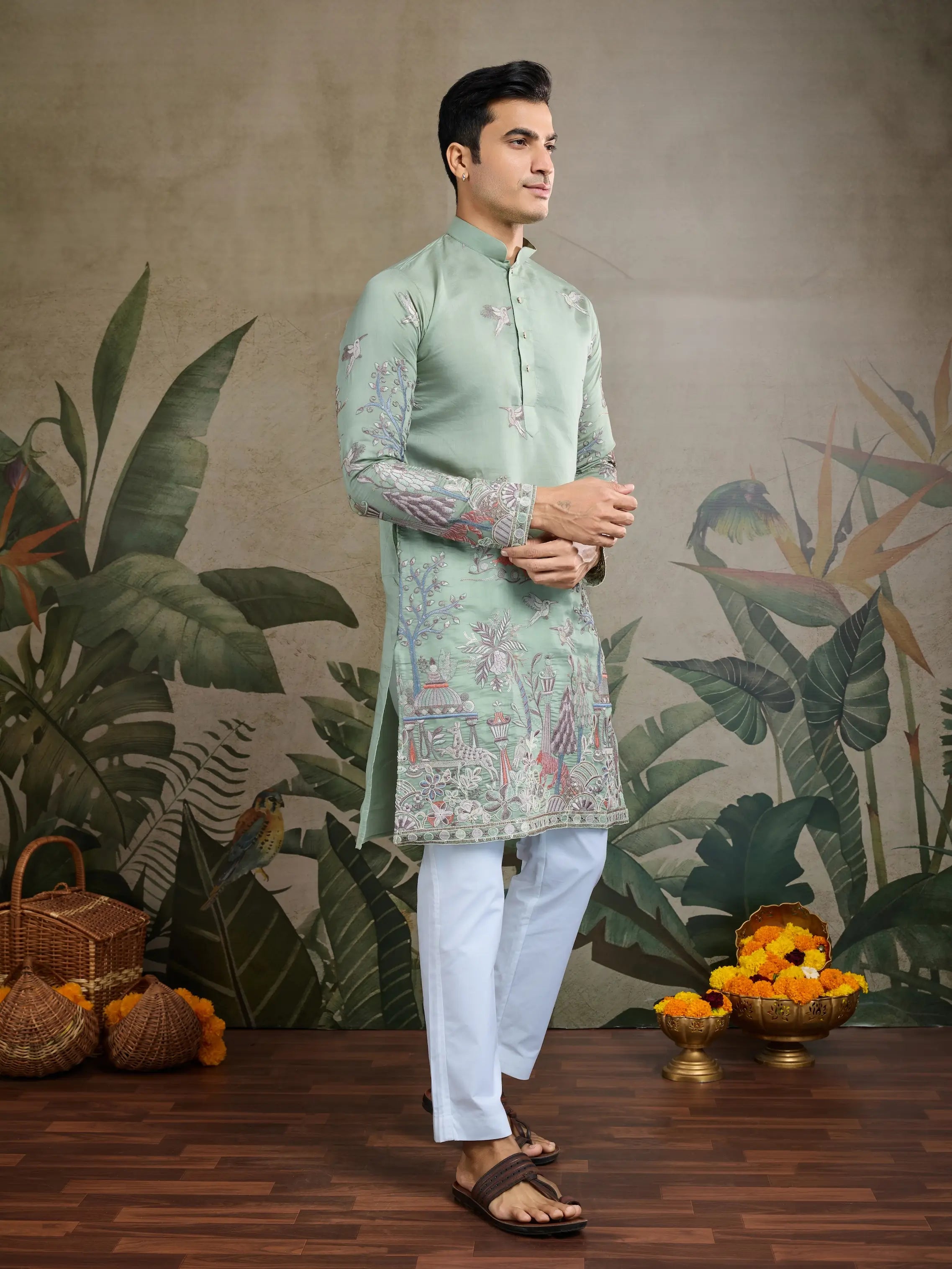Pista Green Viscose Silk Thread & Sequence Embroidered Work Kurta With Pant - qivii