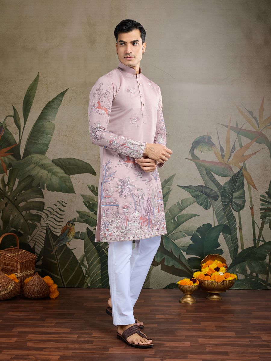 PEACH VISCOSE SILK THREAD & SEQUENCE EMBROIDERED WORK KURTA - qivii