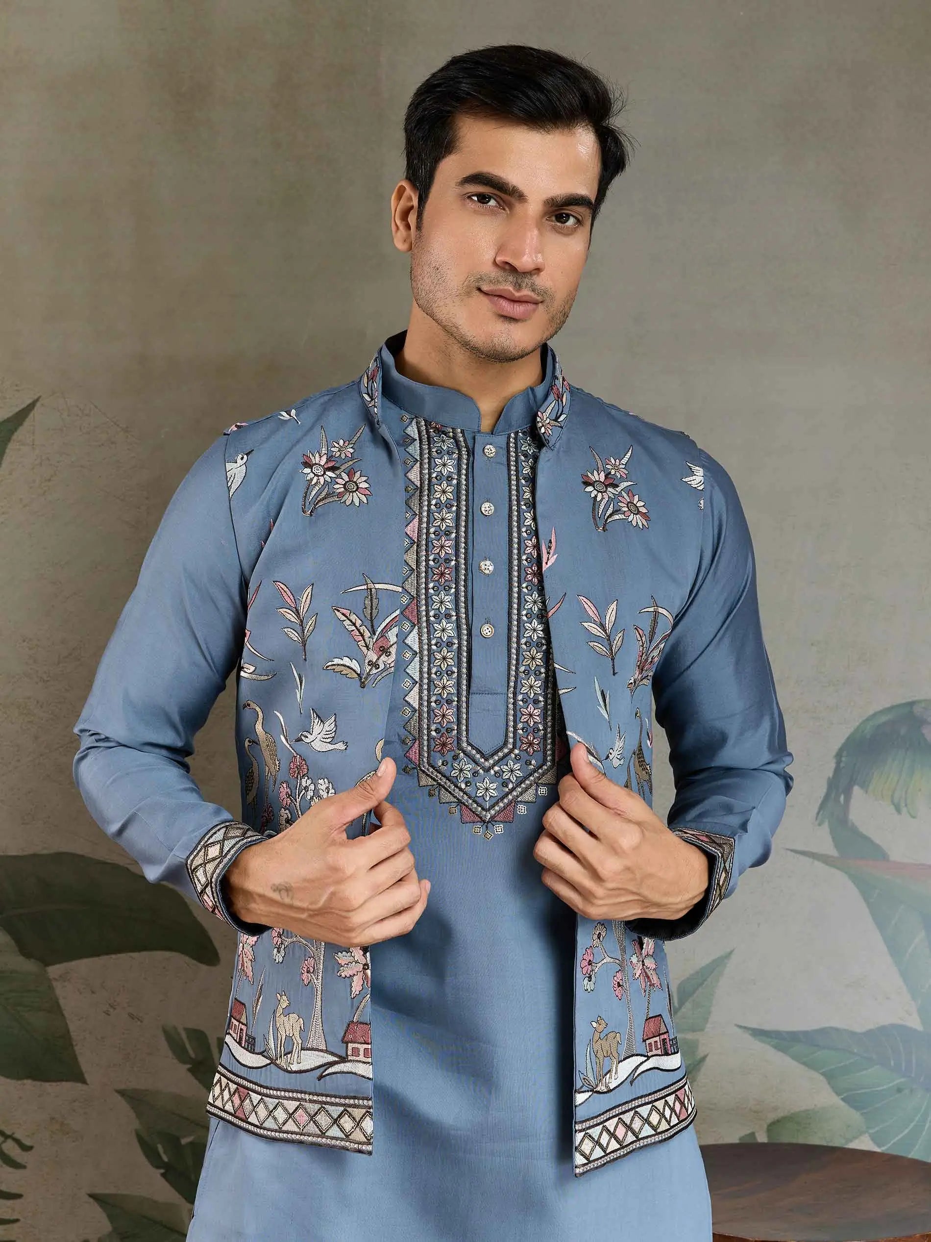 Blue Grey Silk Kurta Set With Thread Sequins Embroidery Work Koti(Jacket) - qivii