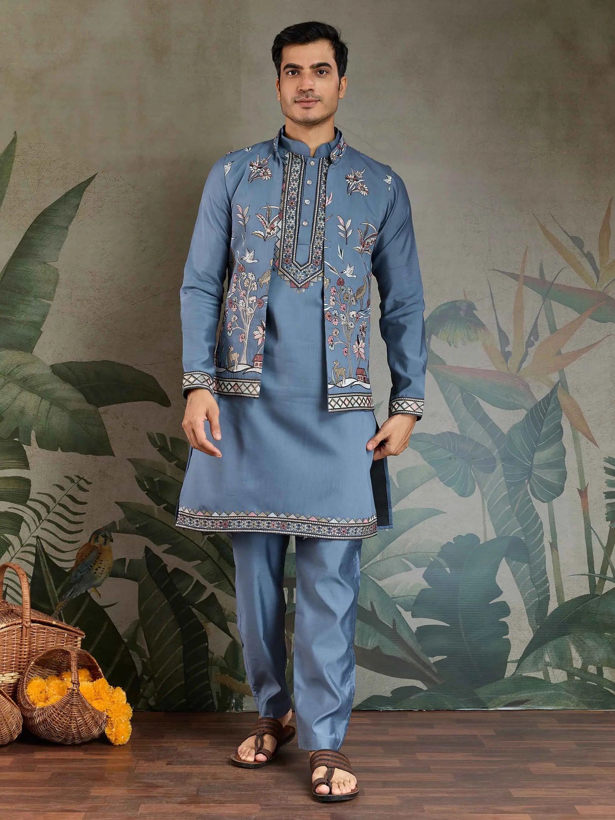 Blue Grey Silk Kurta Set With Thread Sequins Embroidery Work Koti(Jacket) - qivii
