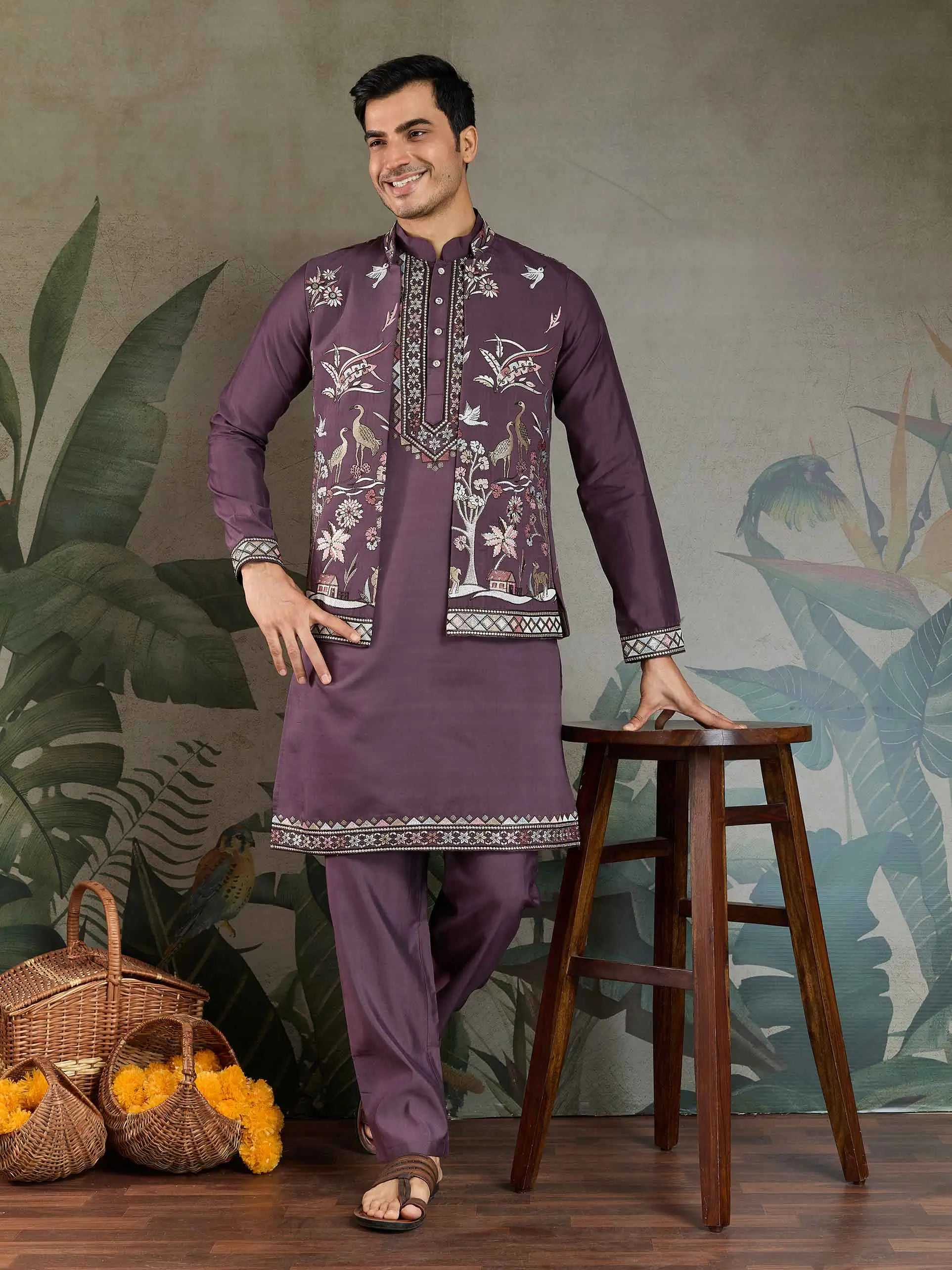 Rust Purple Thread Sequins Embroidery Work Wedding Wear Kurta And Koti(Jacket) - qivii
