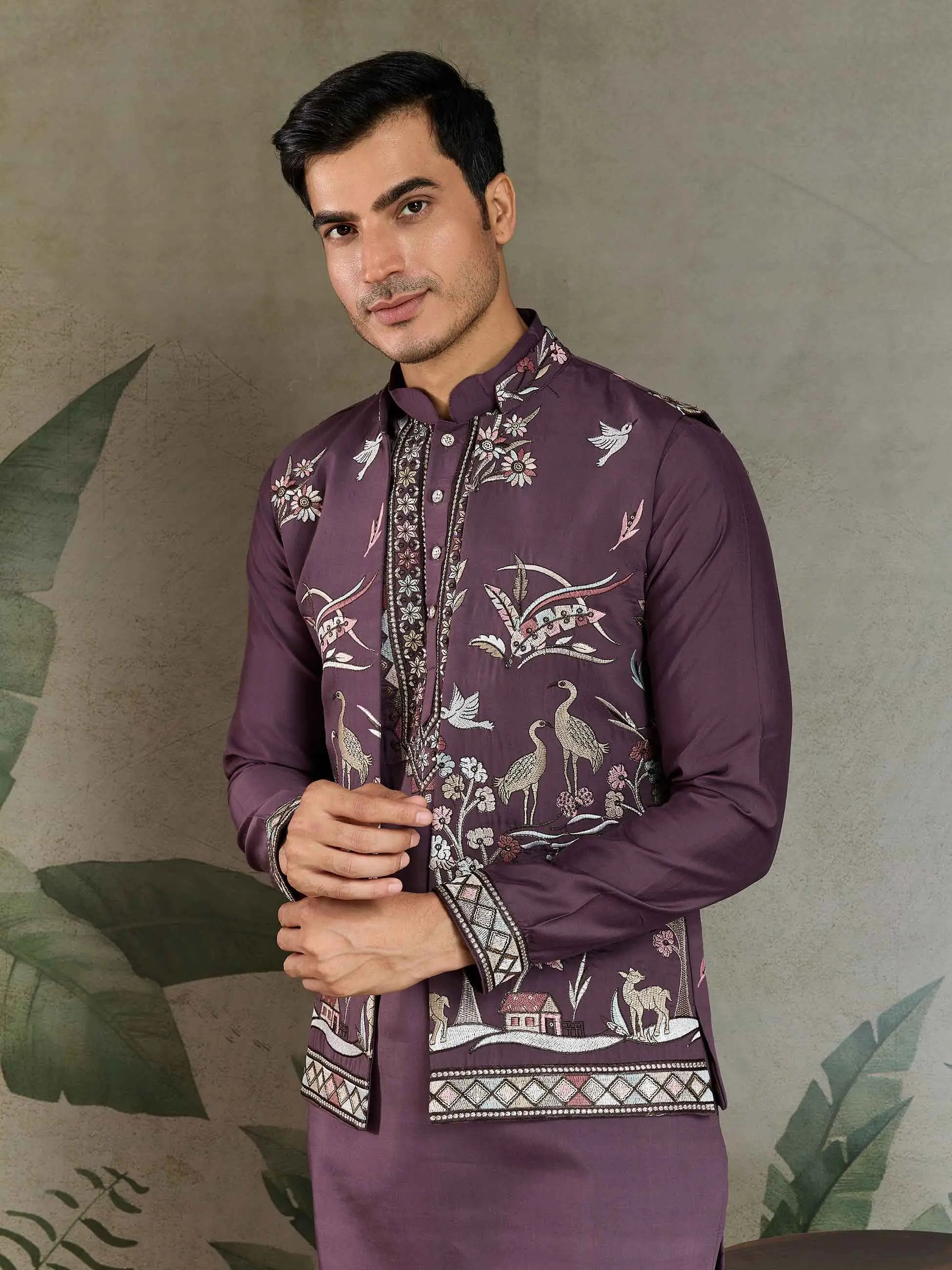 Rust Purple Thread Sequins Embroidery Work Wedding Wear Kurta And Koti(Jacket)
