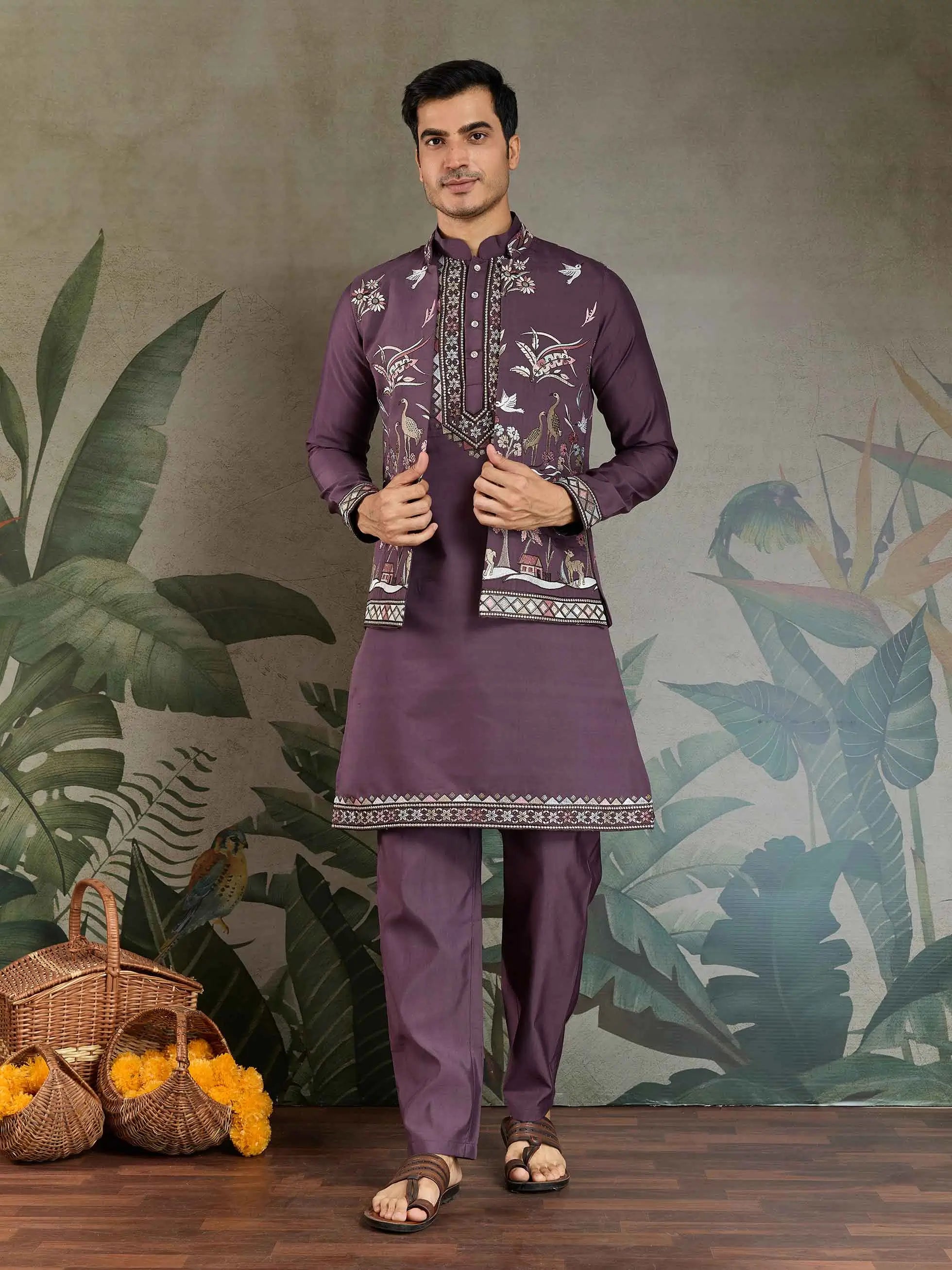 Rust Purple Thread Sequins Embroidery Work Wedding Wear Kurta And Koti(Jacket) - qivii