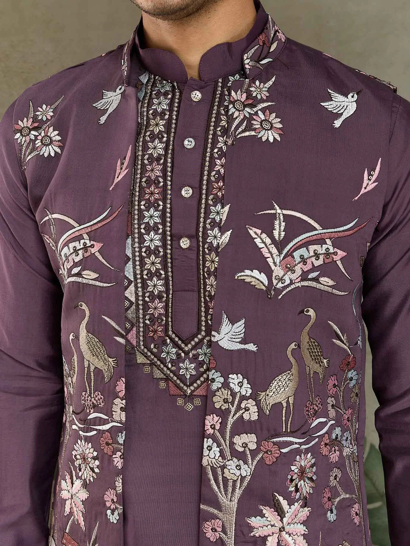 Rust Purple Thread Sequins Embroidery Work Wedding Wear Kurta And Koti(Jacket) - qivii