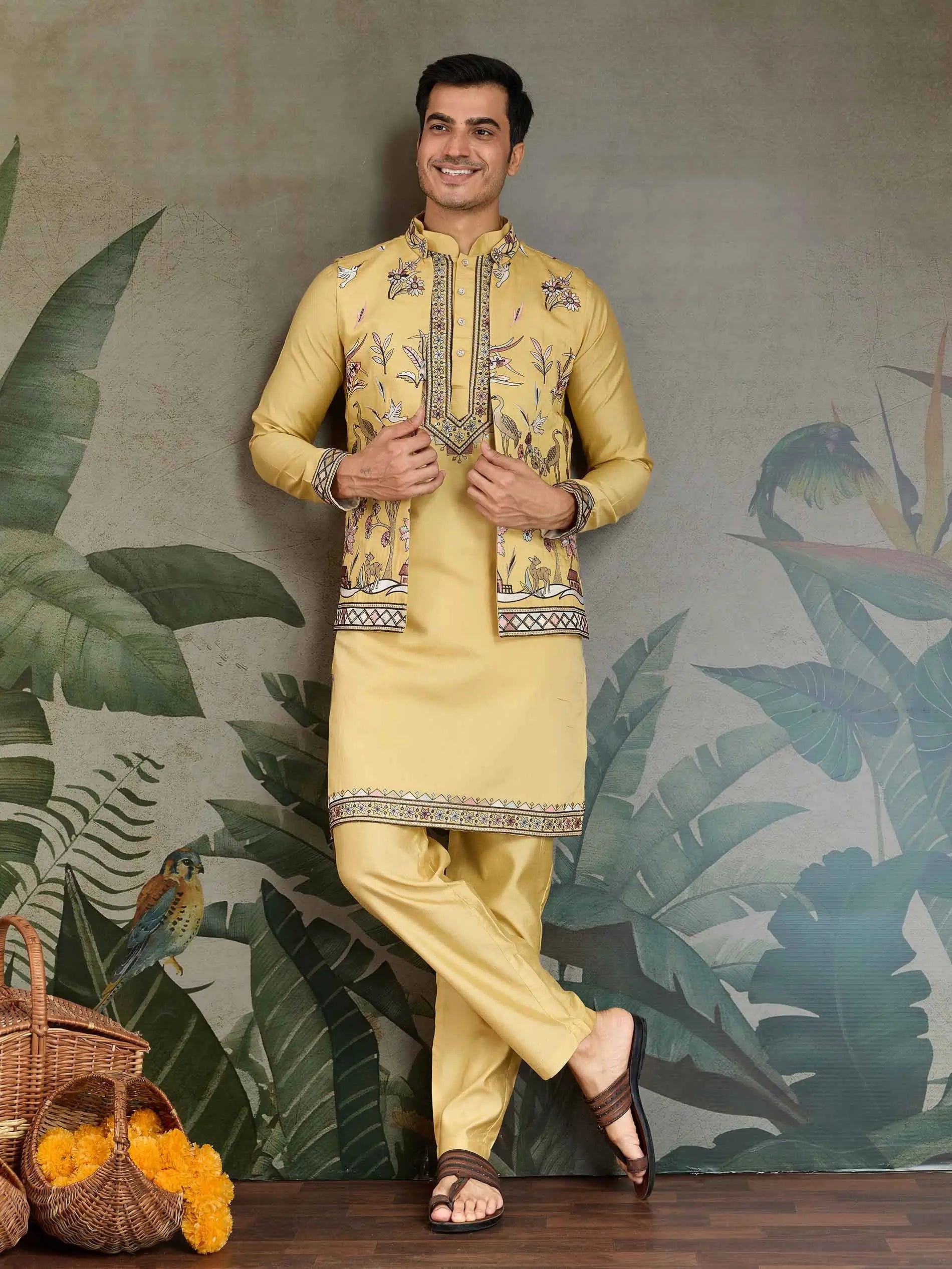 Yellow Wedding Wear Silk Kurta With Thread Sequins Embroidery Work Koti(Jacket) - qivii
