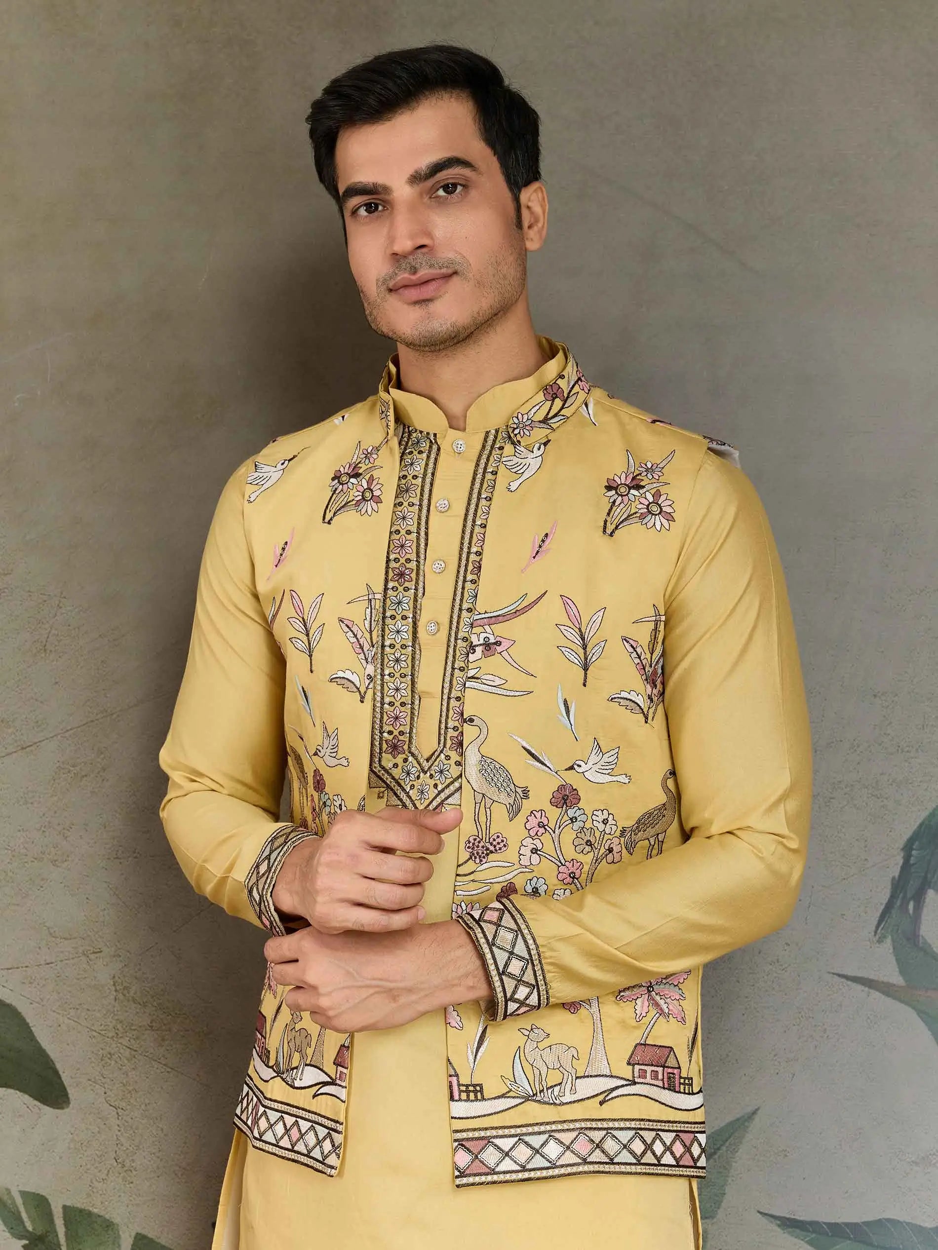 Yellow Wedding Wear Silk Kurta With Thread Sequins Embroidery Work Koti(Jacket) - qivii